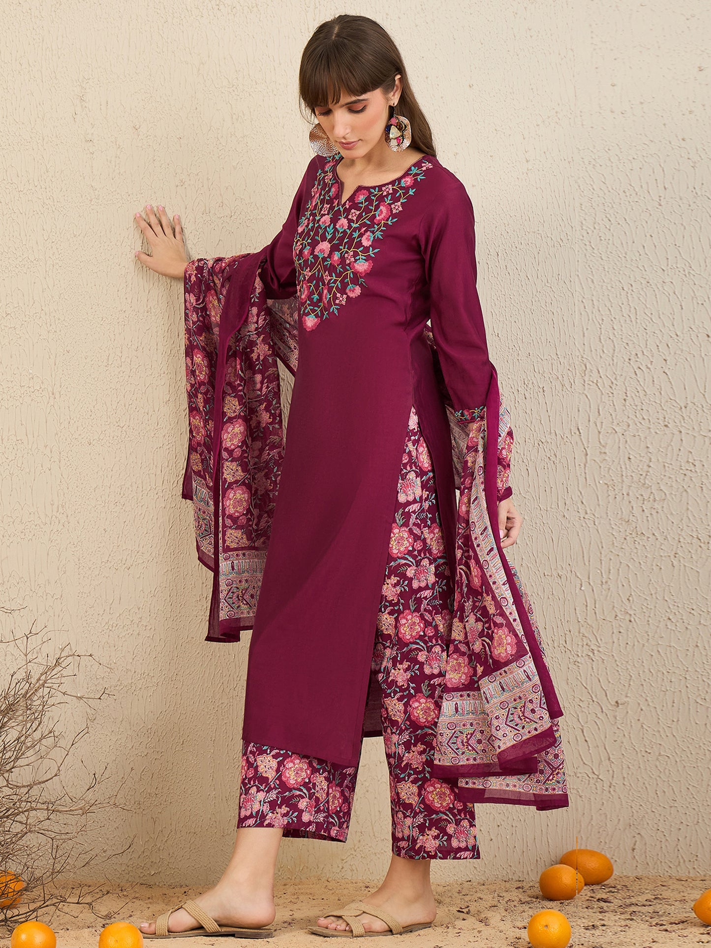 IE Burgundy Embroidered Straight Kurta Palazzos With Dupatta  Set