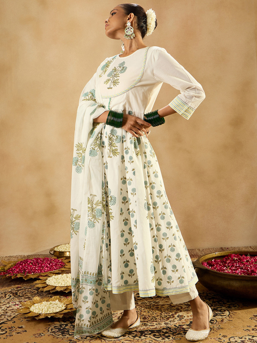 IE White Printed A-Line Kurta Trousers With Dupatta set