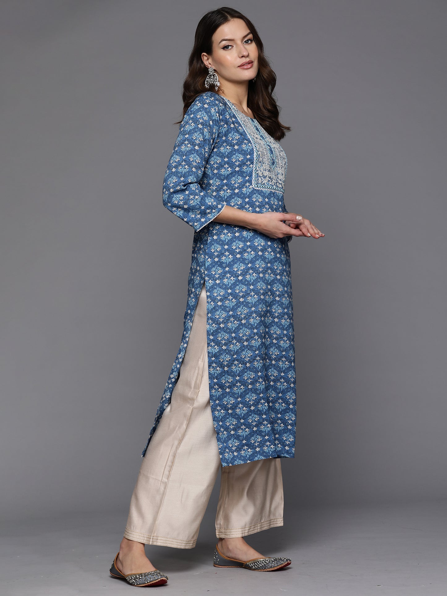 IE Blue Printed Straight Kurtas