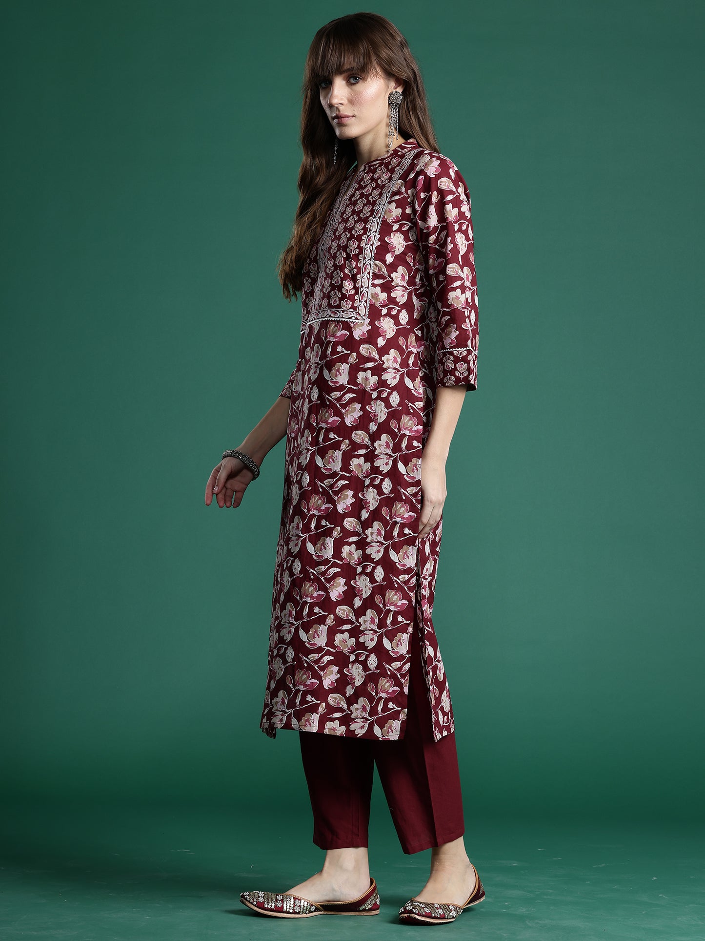 IE Maroon Printed Straight Kurta Trousers With Dupatta set