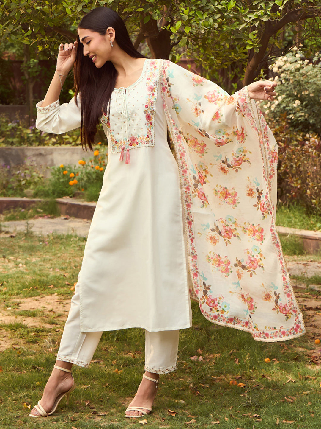 IE White Embroidered Straight Kurta Trousers With Dupatta set