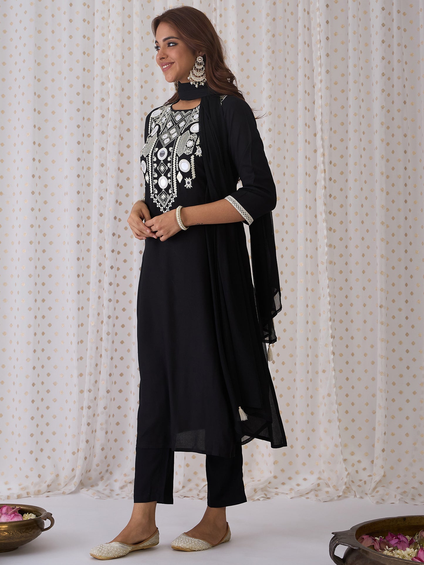 IE Black Embroidered Straight Kurta Trousers With Dupatta set