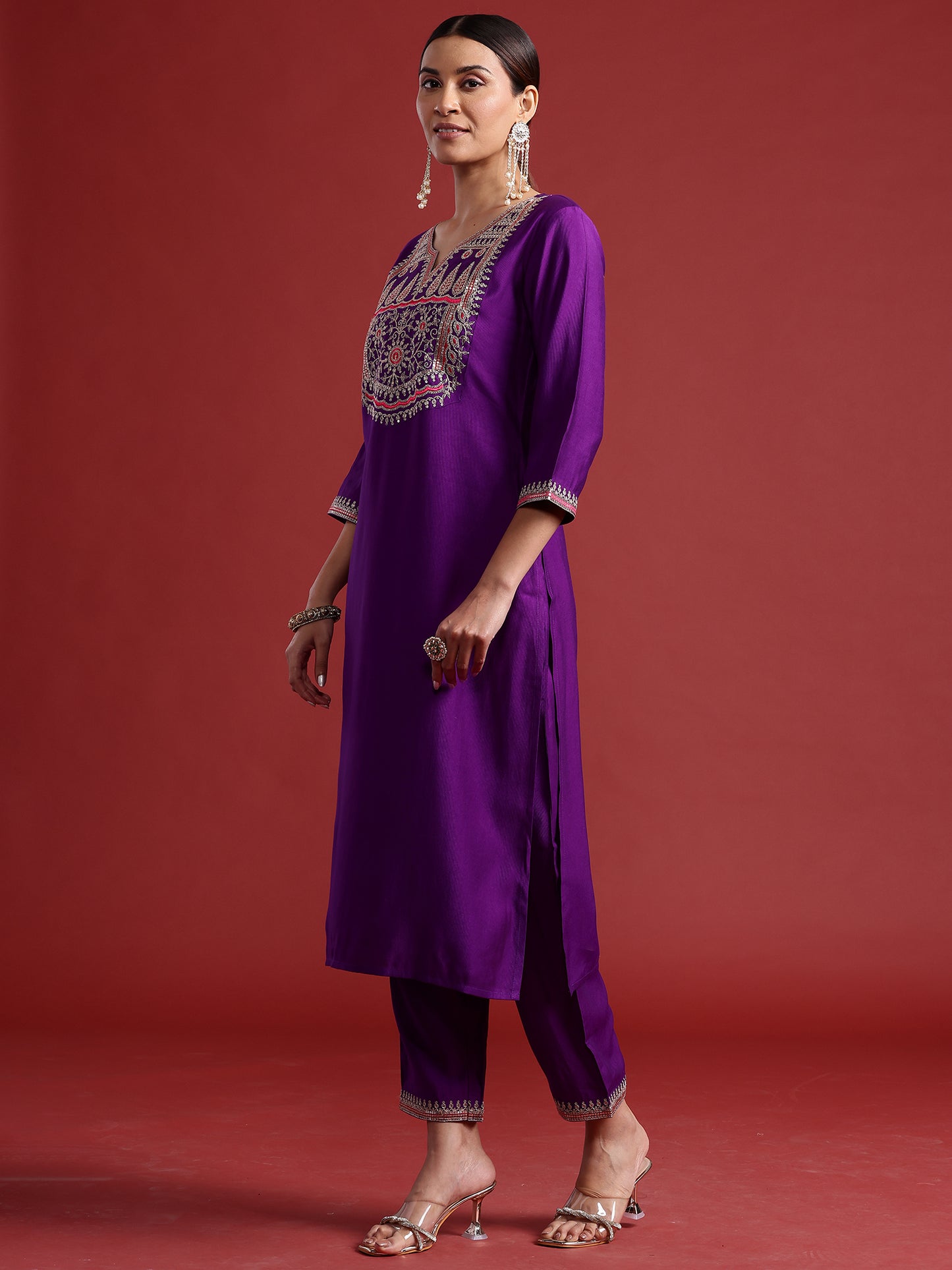 IE Purple Embroidered Straight Kurta Trousers With Dupatta set