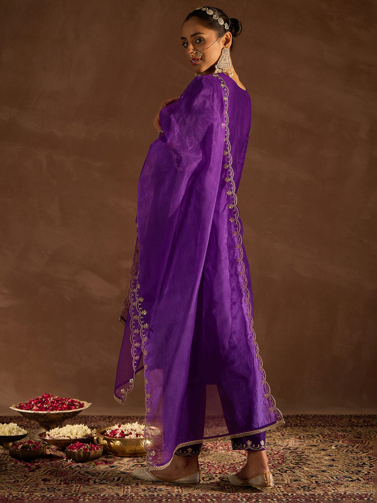 IE Purple Embroidered Straight Kurta Trousers With Dupatta set