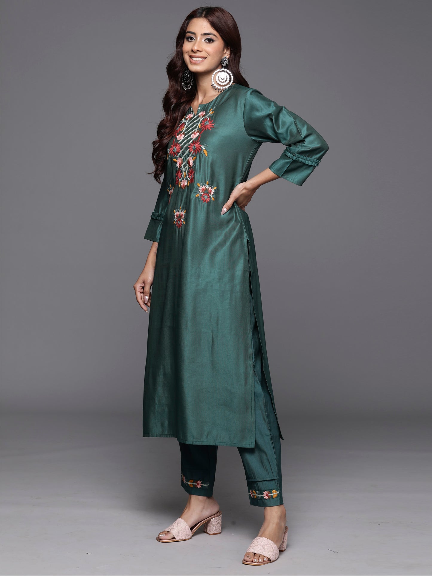 IE Teal Embroidered Straight Ethnic Kurta Trousers With Dupatta Set