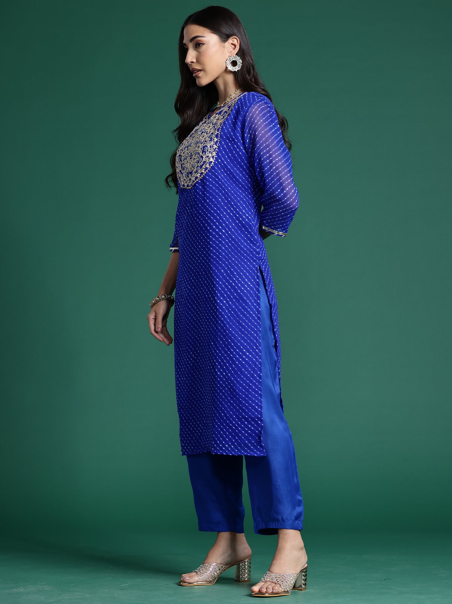 IE  Blue Printed Straight Kurta Trousers With Dupatta set