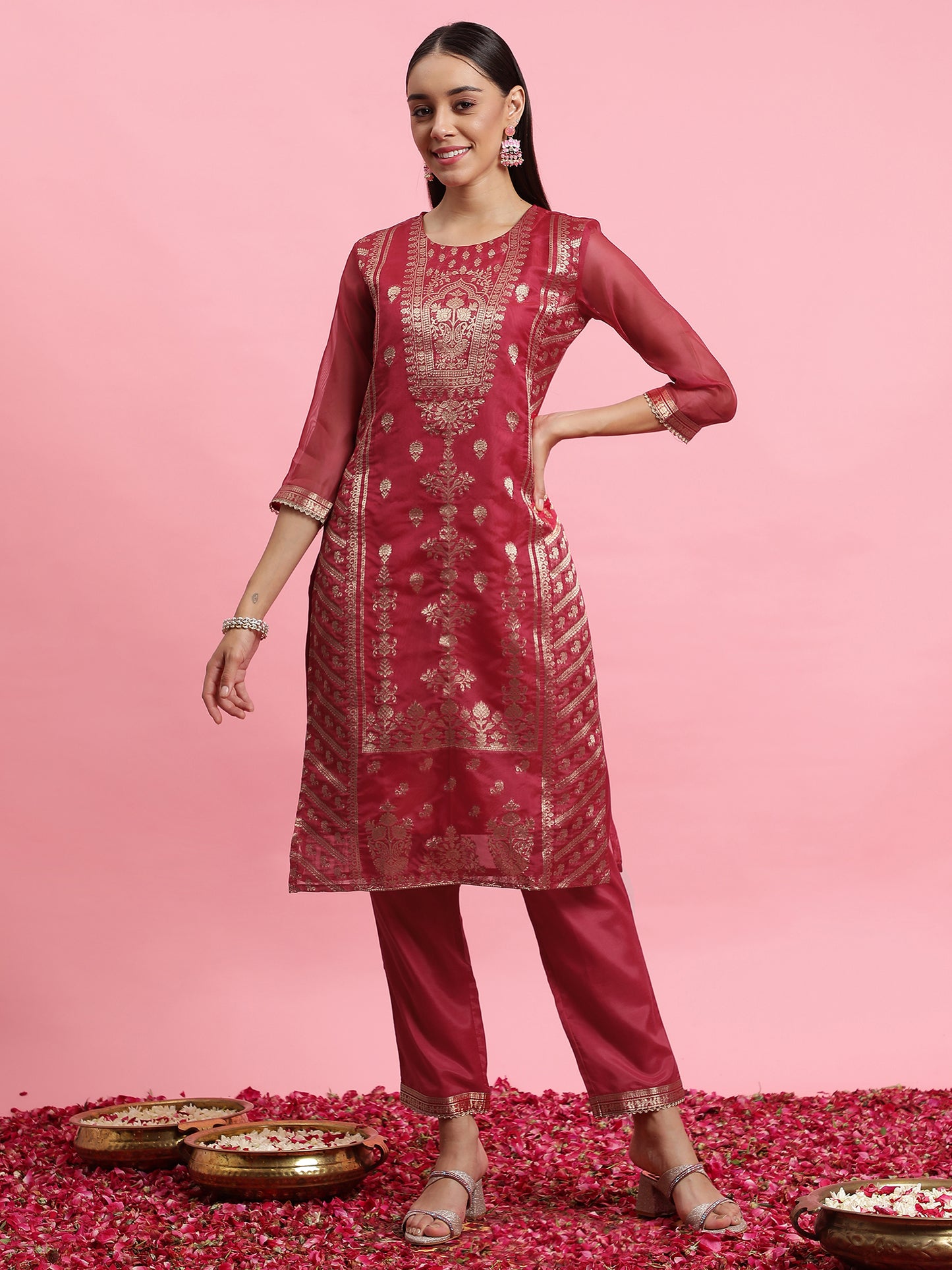 IE Pink Woven Design Straight Kurta Trousers With Dupatta Set