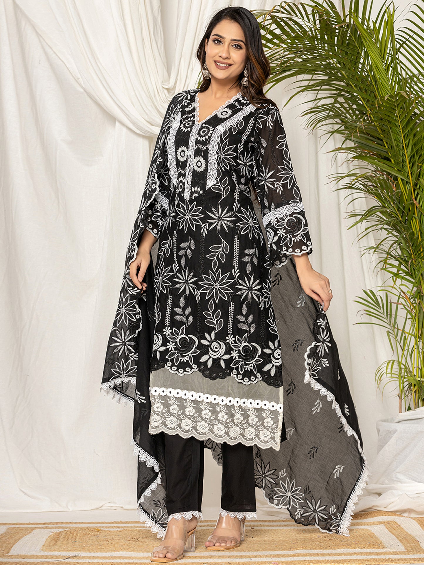 IE Black Embroidered Straight Kurta Trousers With Dupatta set