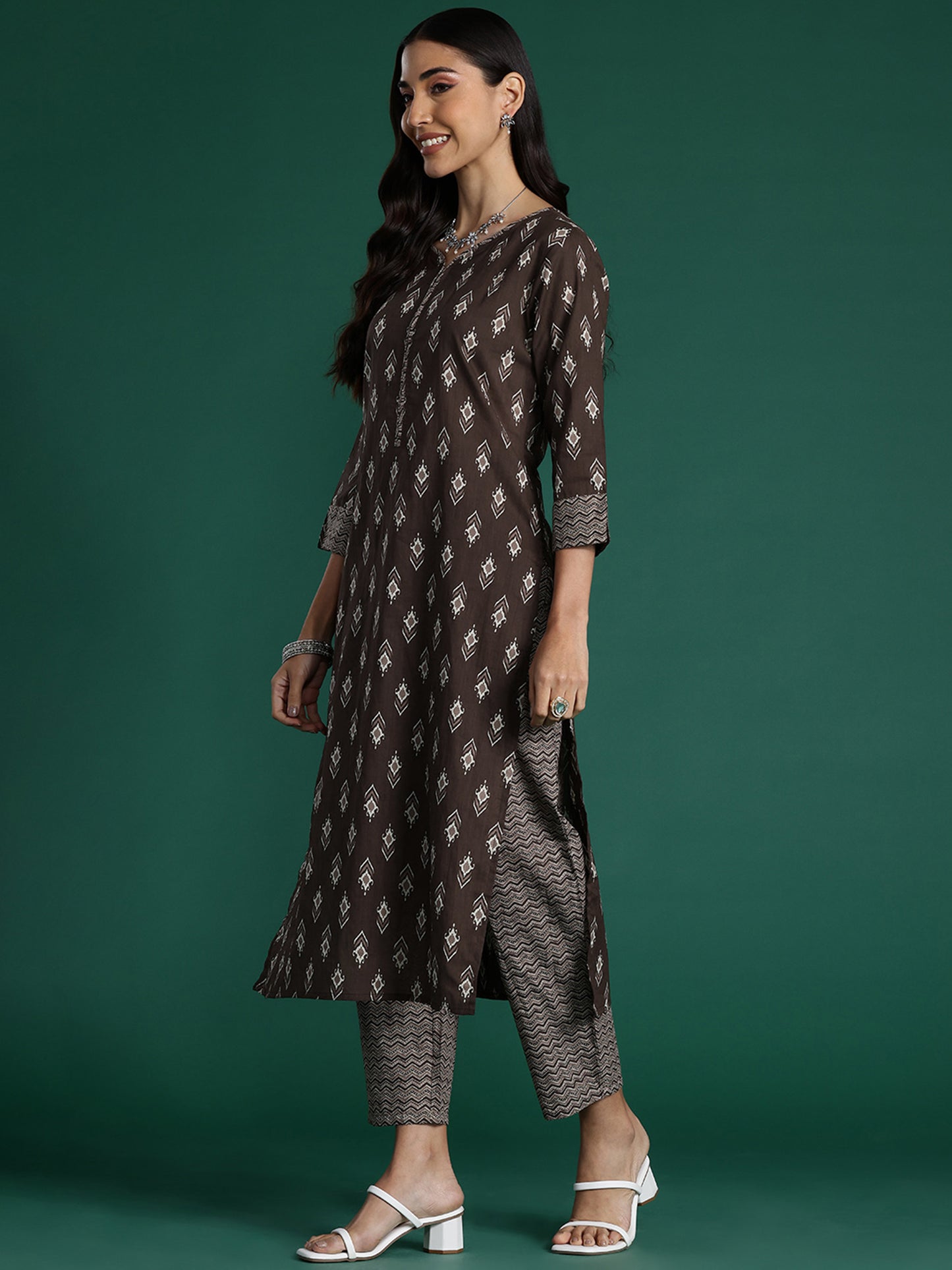 IE Brown Printed Straight Kurta Trousers With Dupatta set