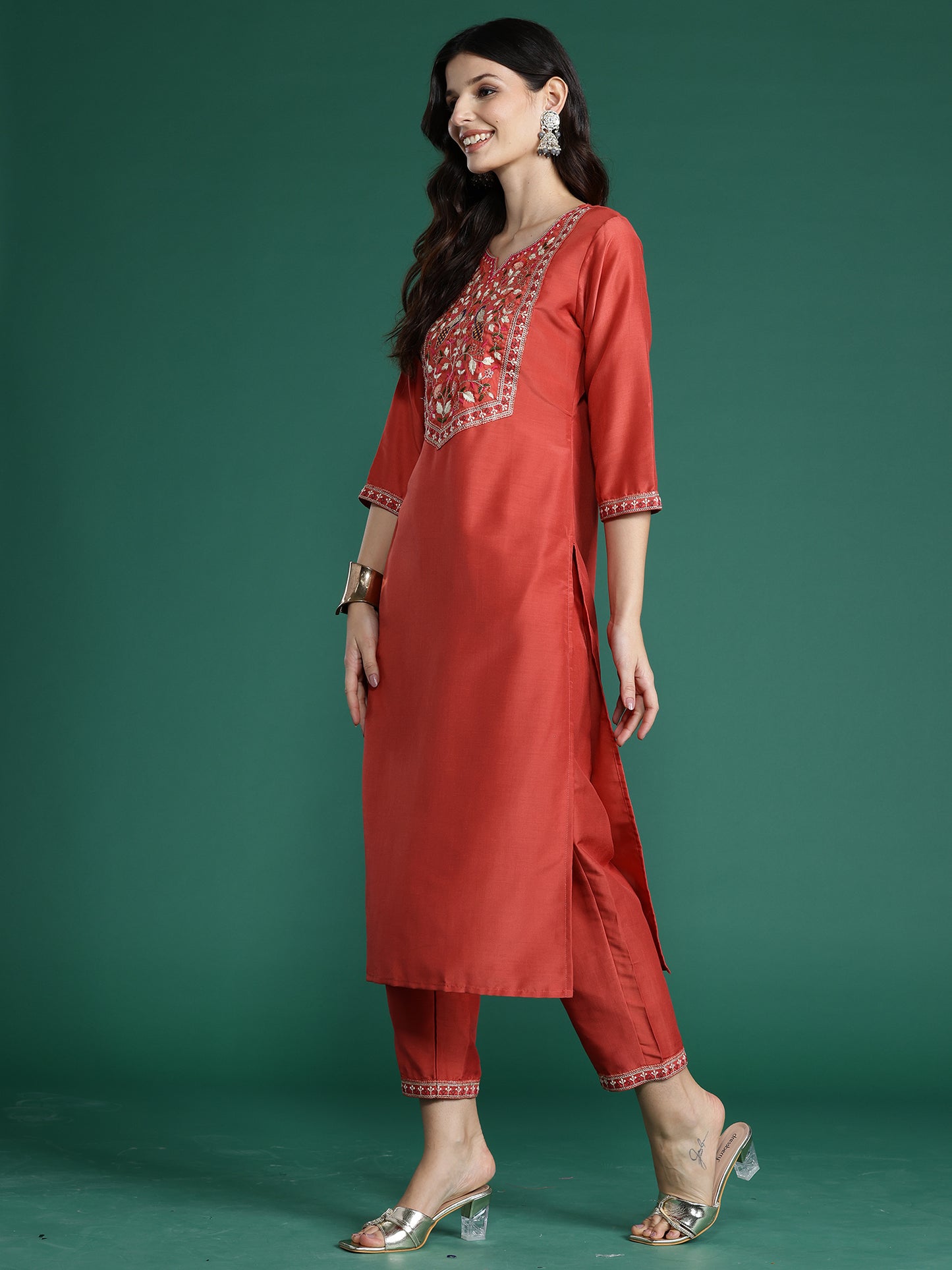 IE Orange Embroidered Straight Kurta Trousers With Dupatta  Set