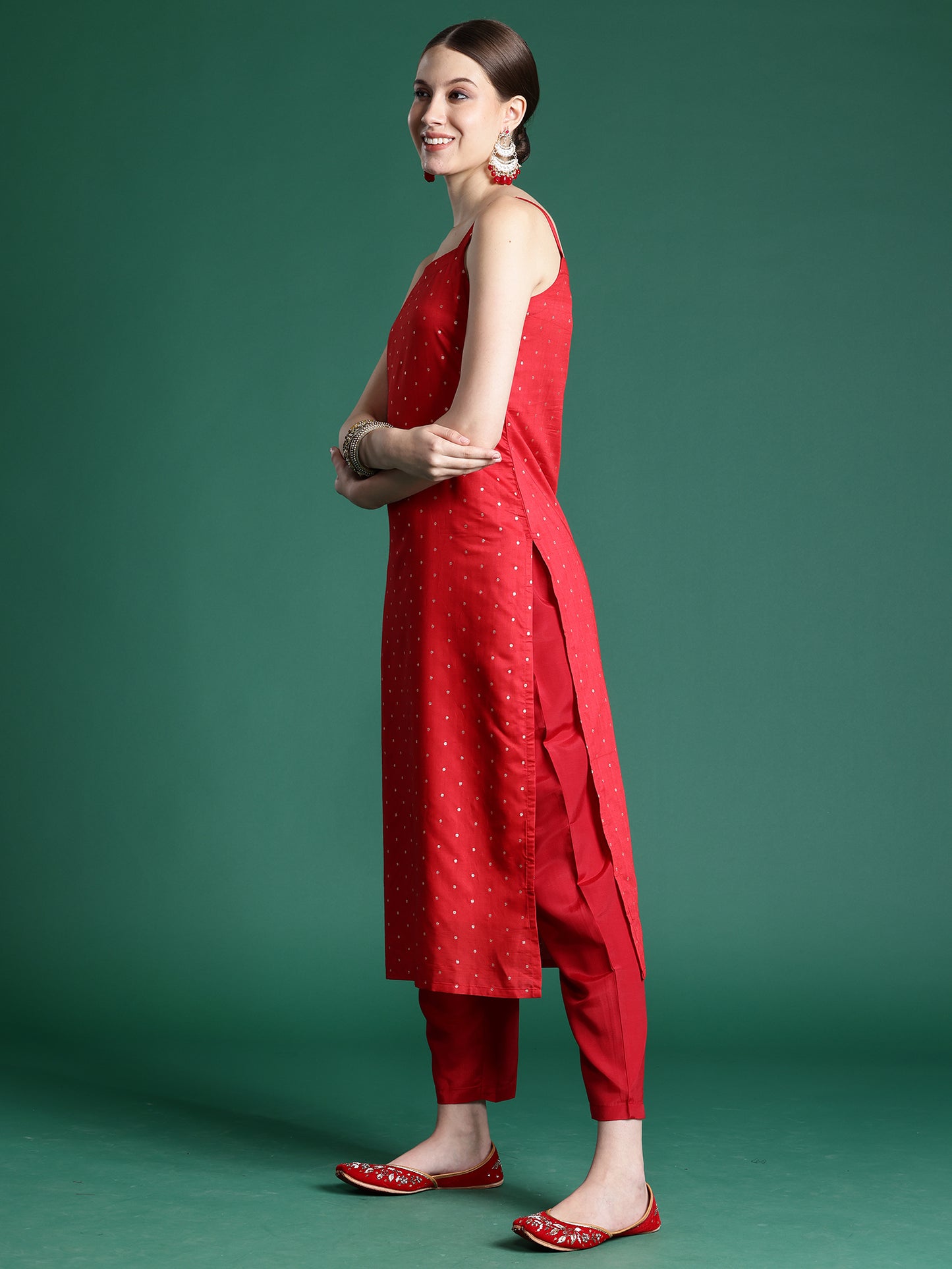 IE Red Woven Design Straight Kurta Trousers With Dupatta set