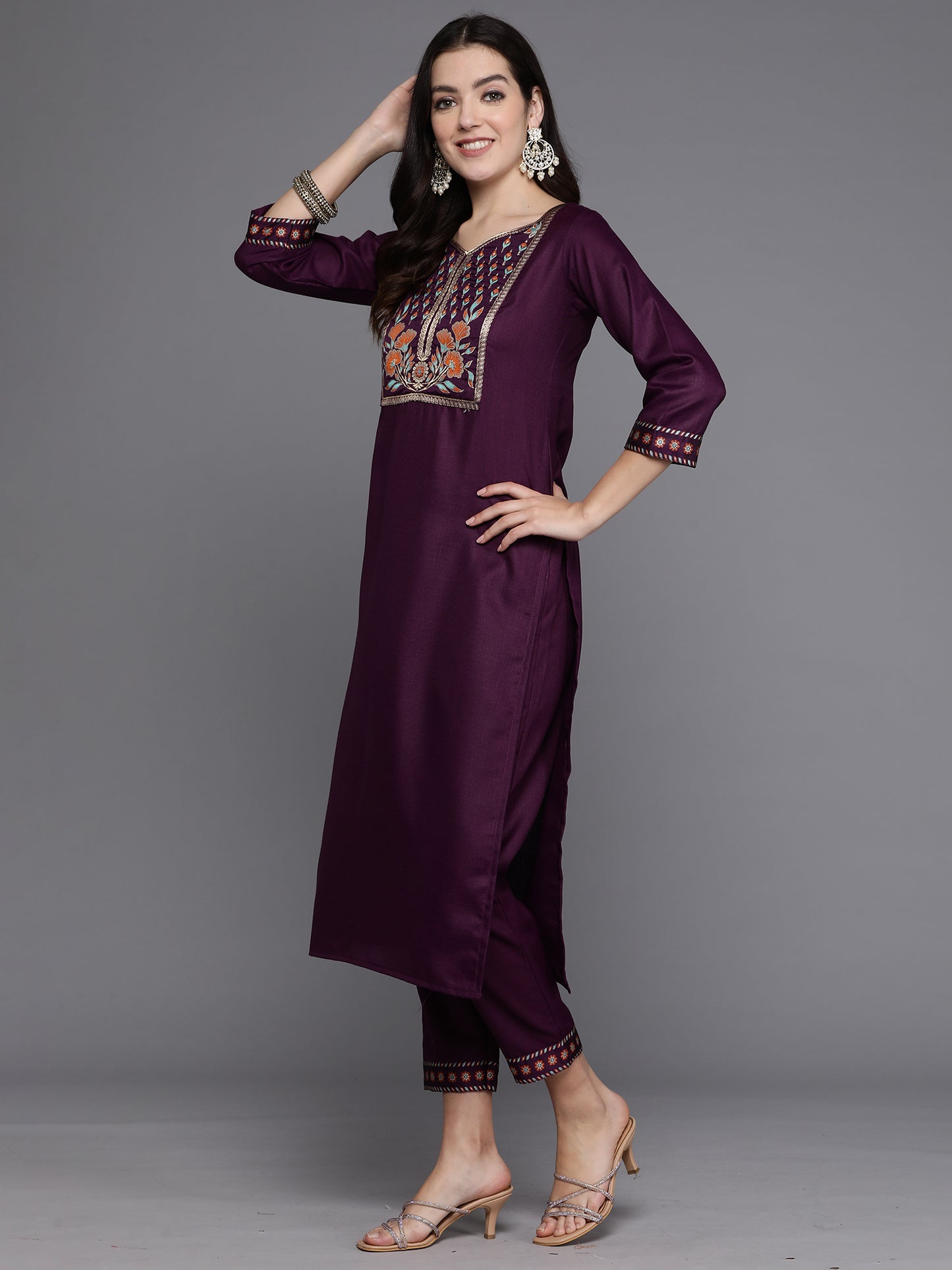 IE Purple Yoke Design Straight Kurta Trousers With Dupatta set