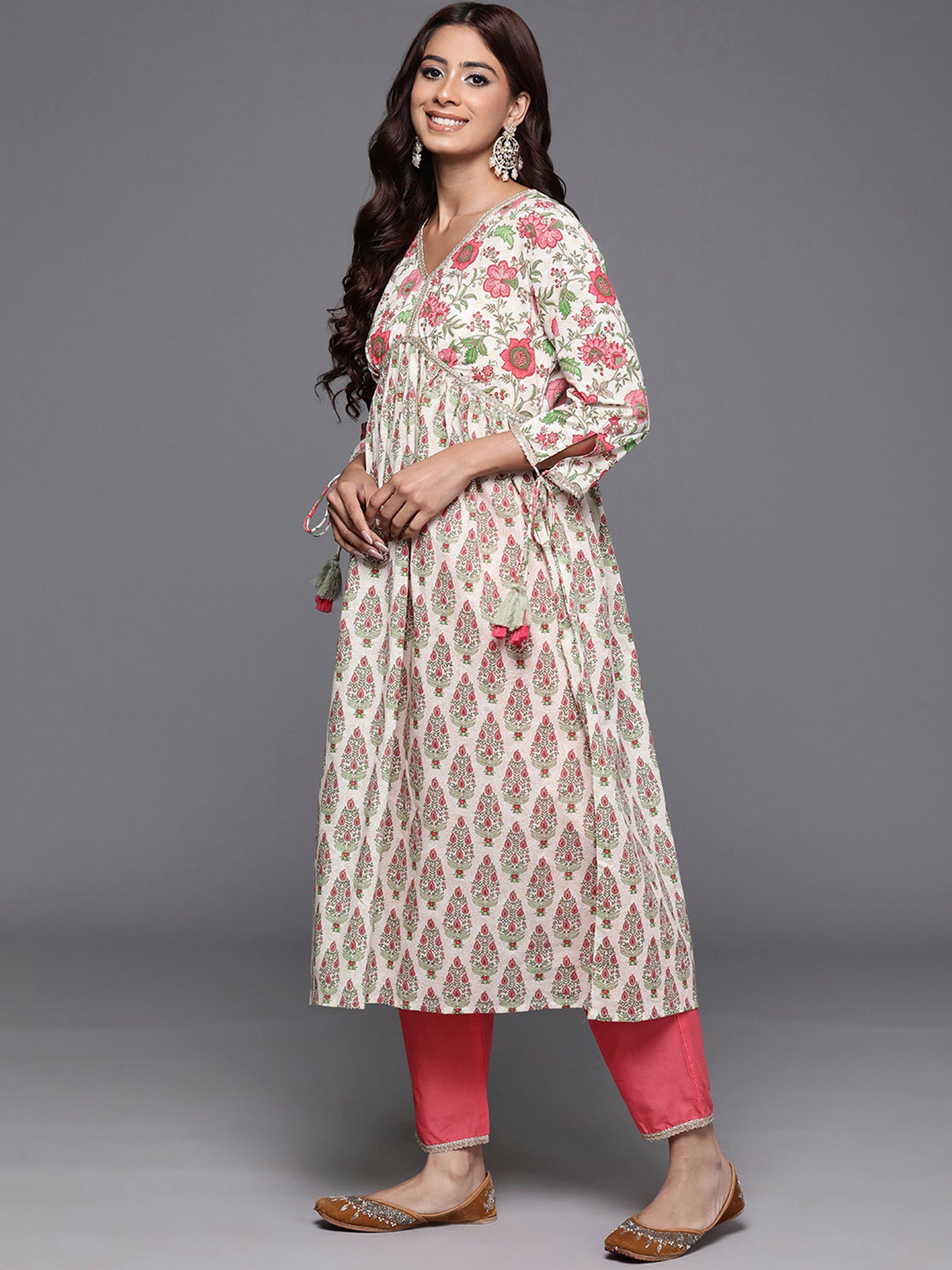 IE Off White Printed A-Line Kurta Trousers With Dupatta Set