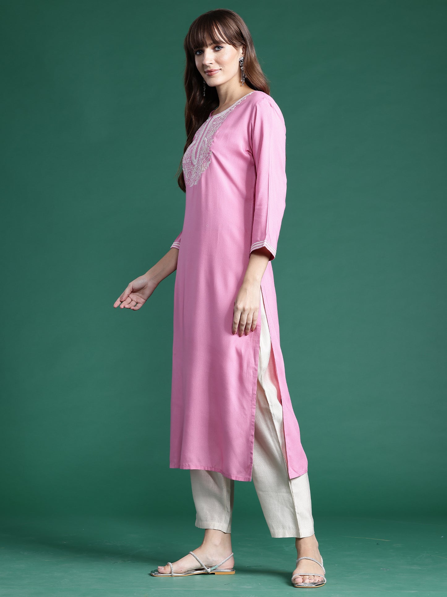 IE Pink Embroidered Straight Kurtas