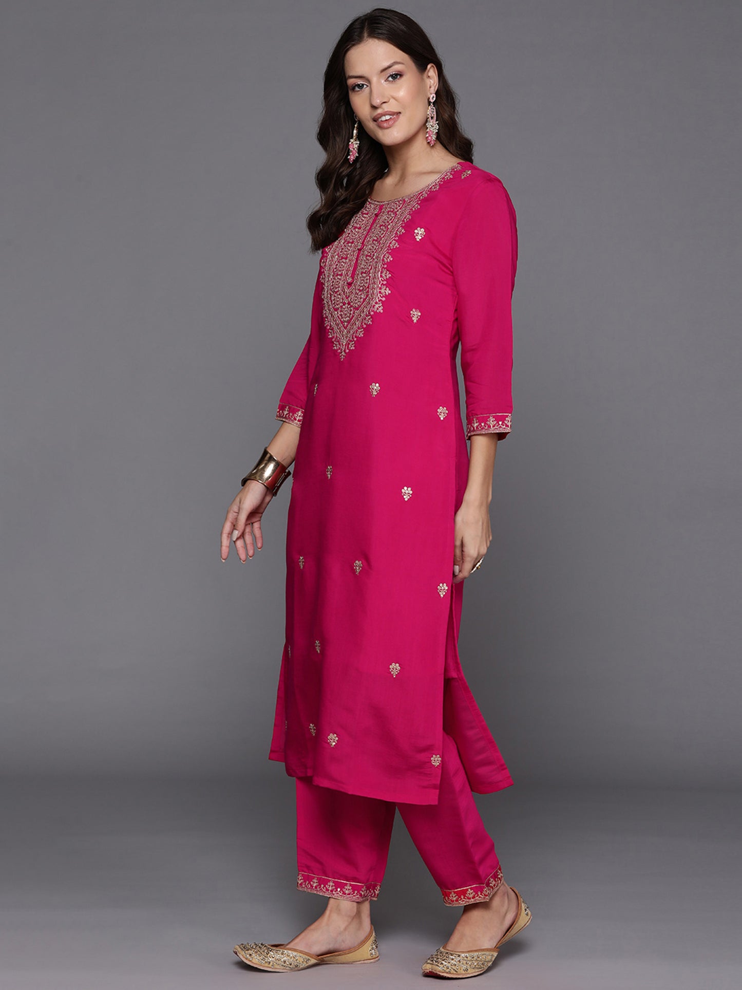 IE Pink Embroidered Straight Kurta Trousers With Dupatta Set