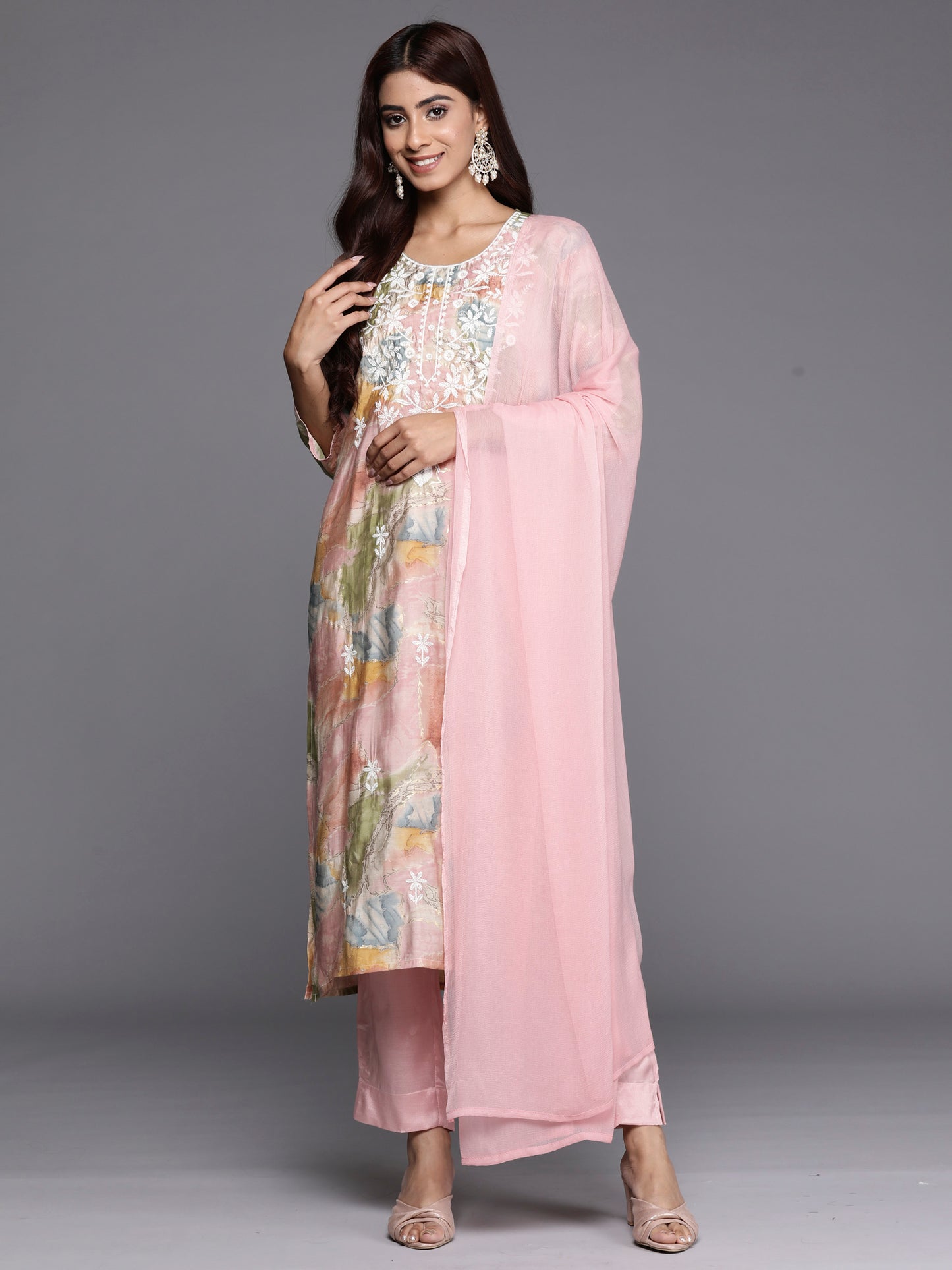 IE Multi Embroidered Straight Kurta Trousers With Dupatta set