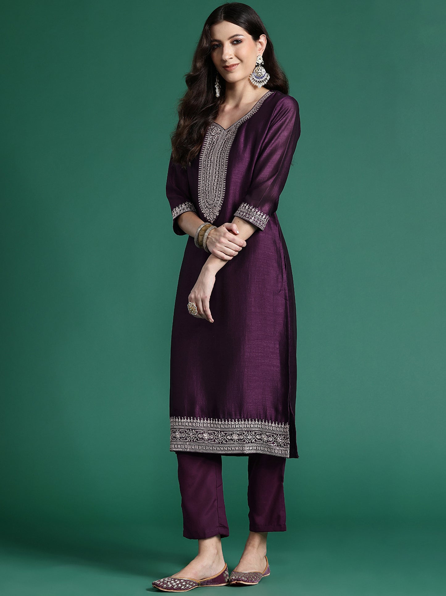 IE Purple Embroidered Straight Kurta Trousers With Dupatta set