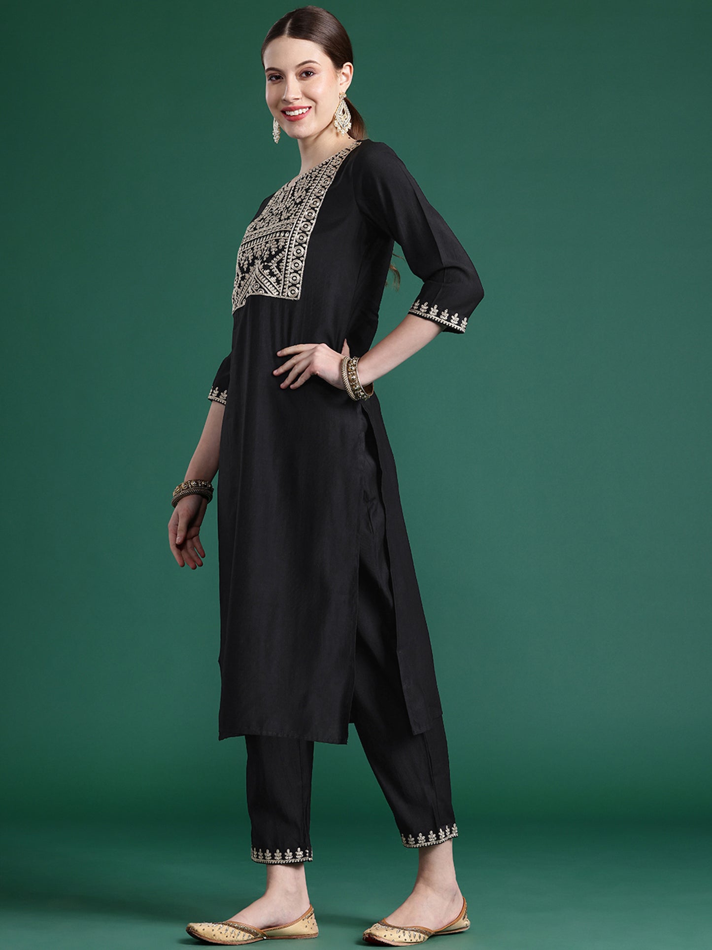 IE Black Embroidered Straight Kurta Trousers With Dupatta set