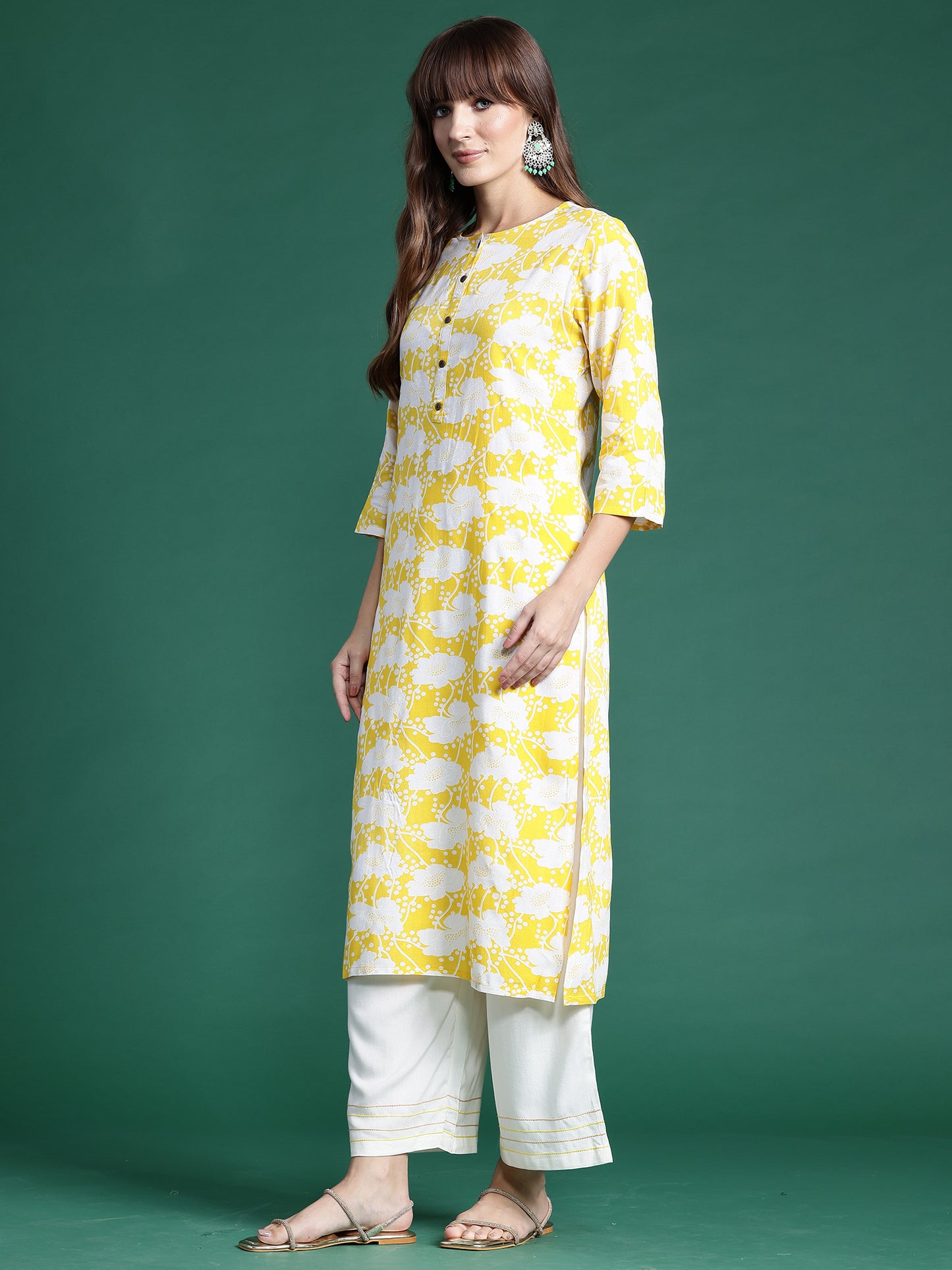 IE Yellow Printed Straight Kurtas