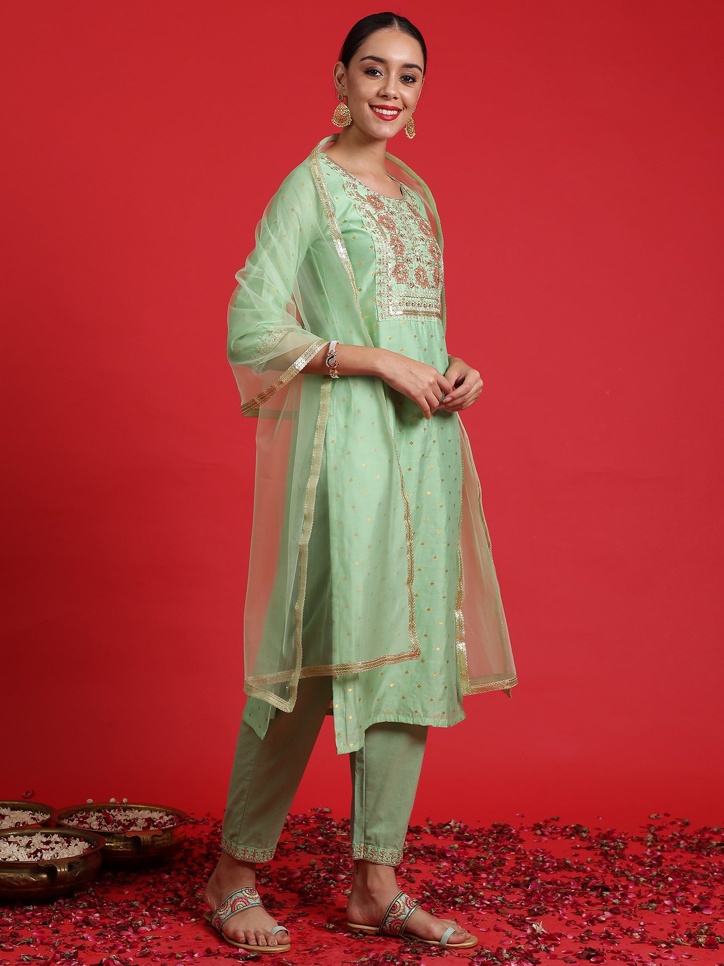 IE Green Embroidered Straight Kurta Trousers With Dupatta Set