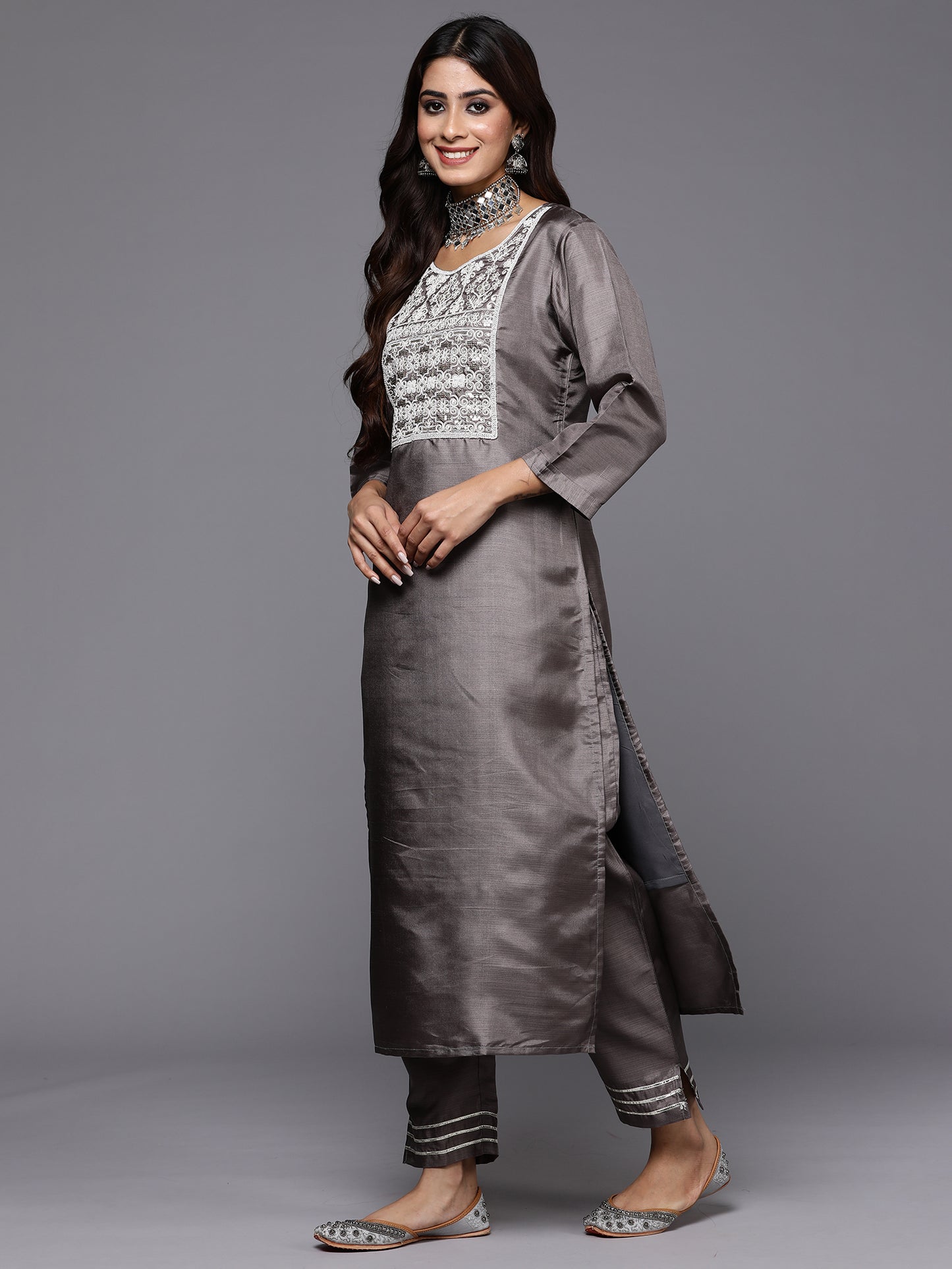 IE Grey Embroidered Straight Kurta Trousers With Dupatta Set