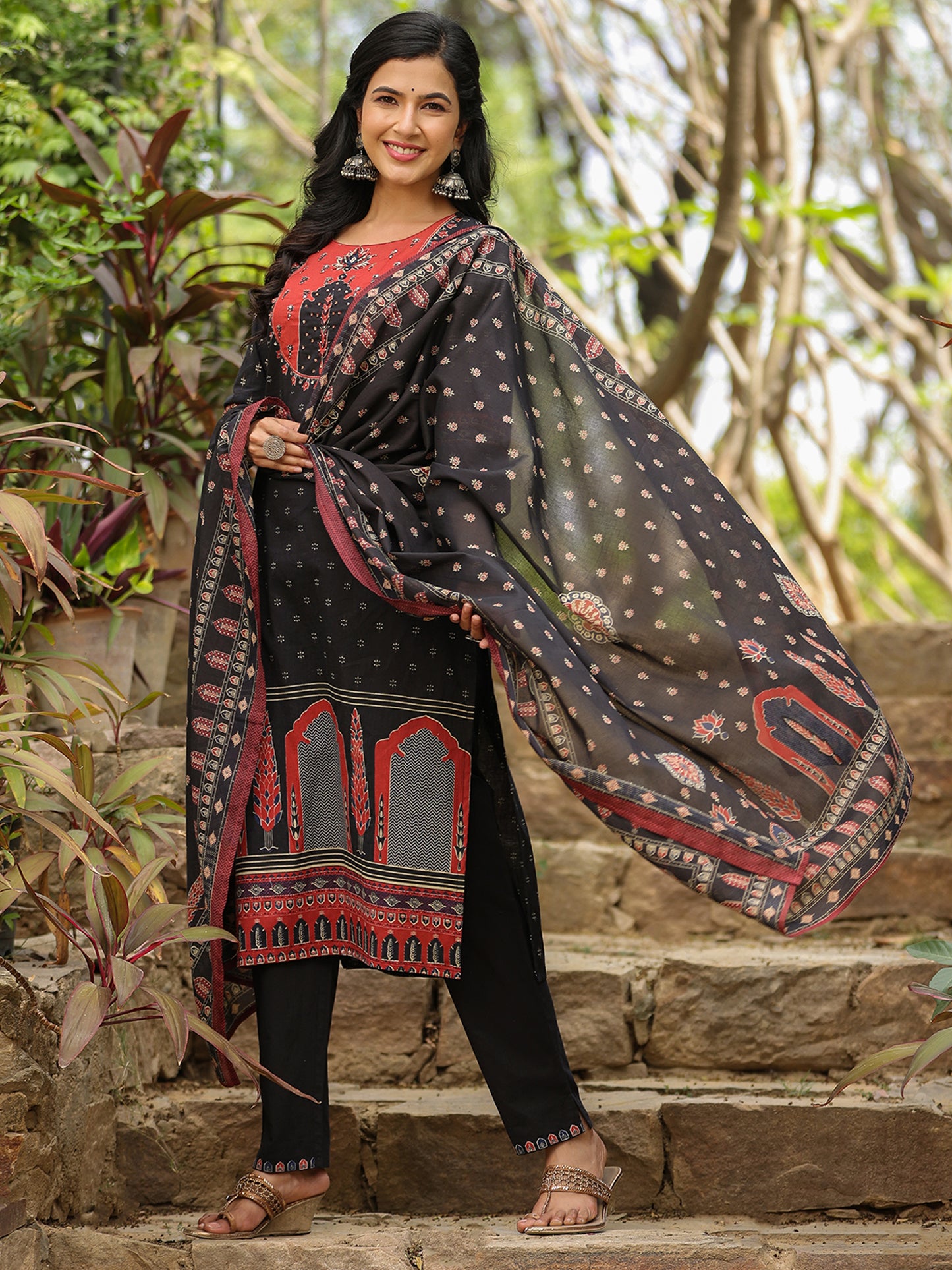 IE Black Printed Straight Kurta Trousers With Dupatta set