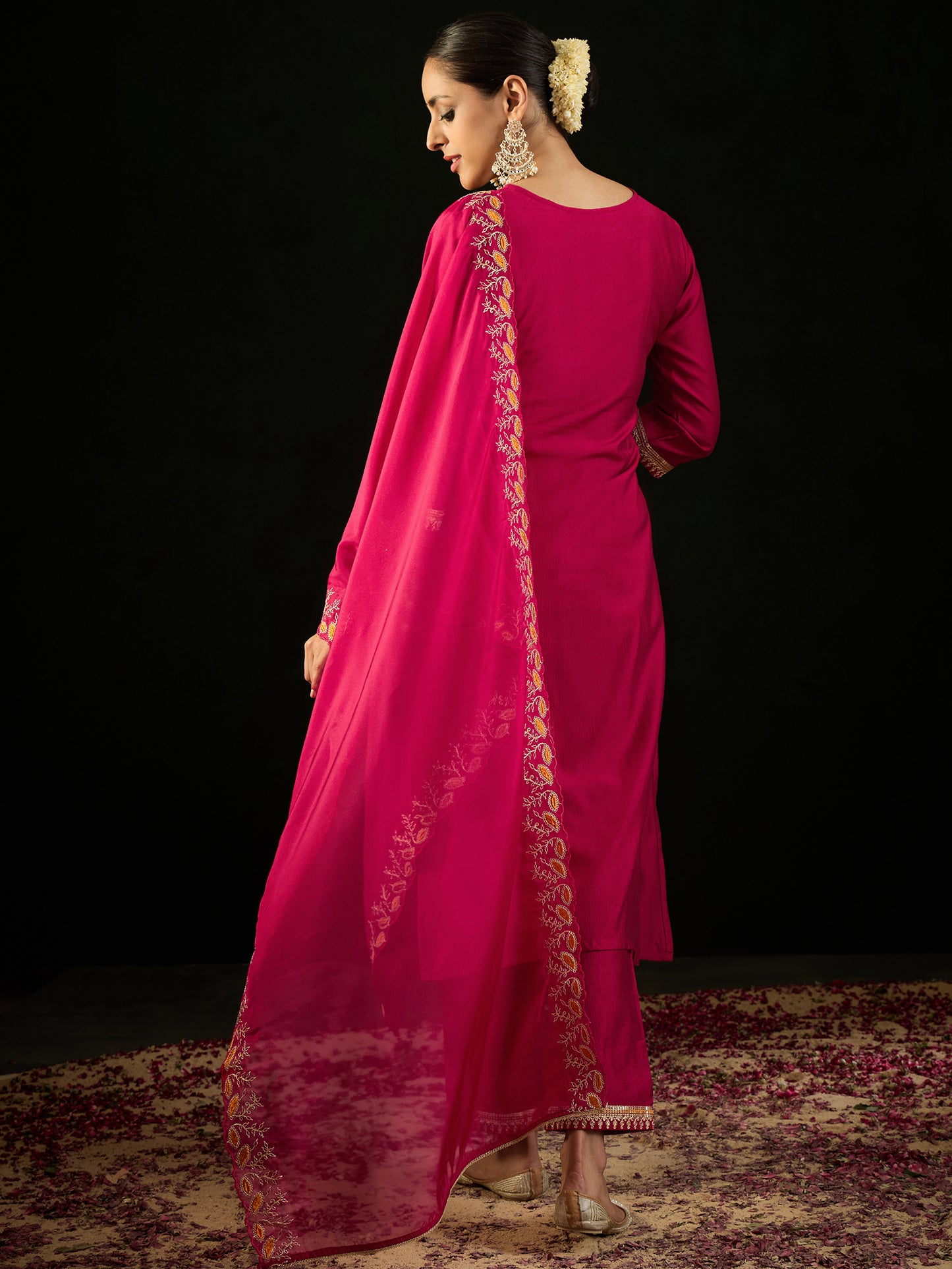 IE Magenta Embroidered Straight Kurta Trousers With Dupatta set