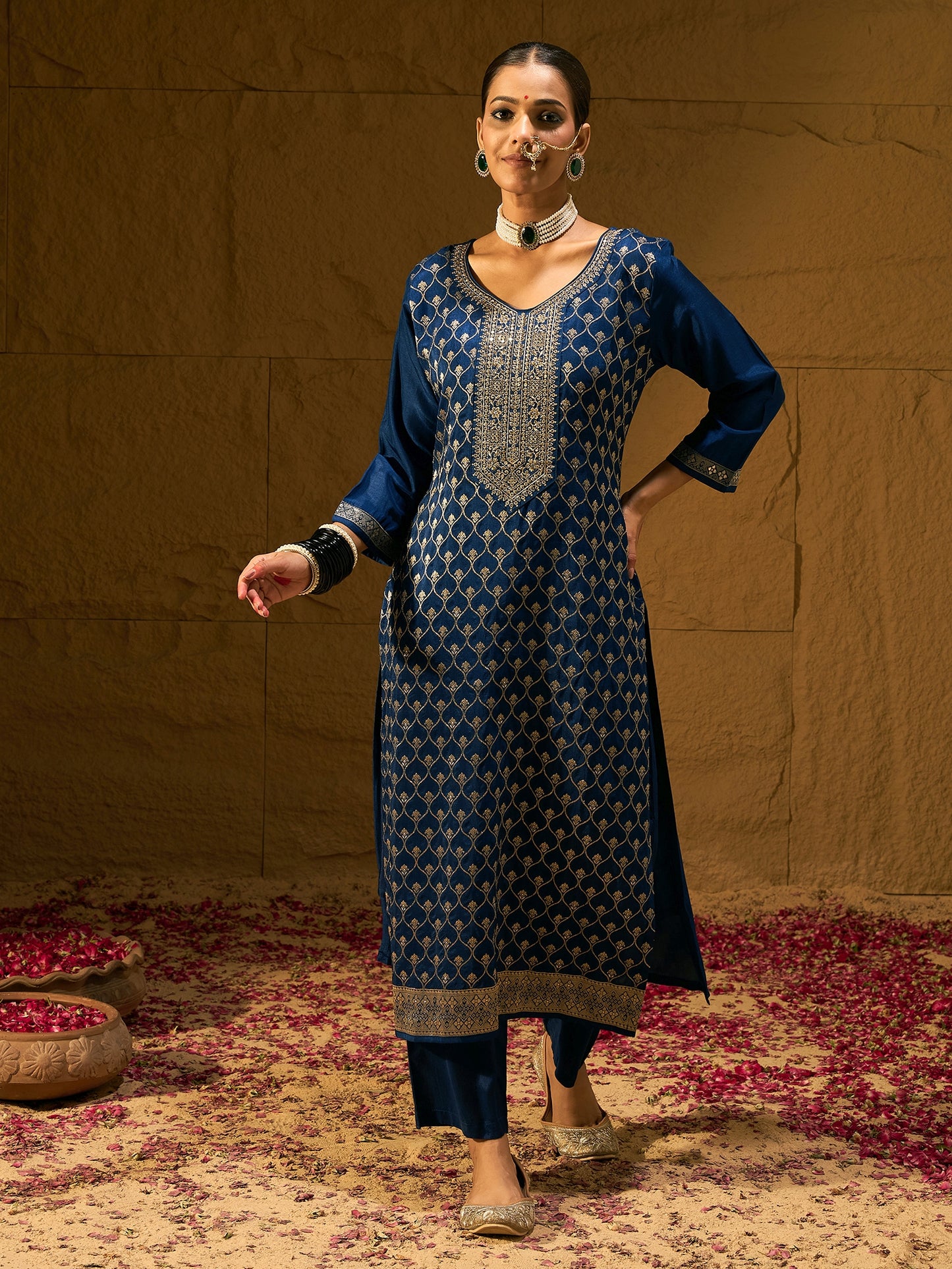 IE Blue Embroidered Straight Kurta Trousers With Dupatta set