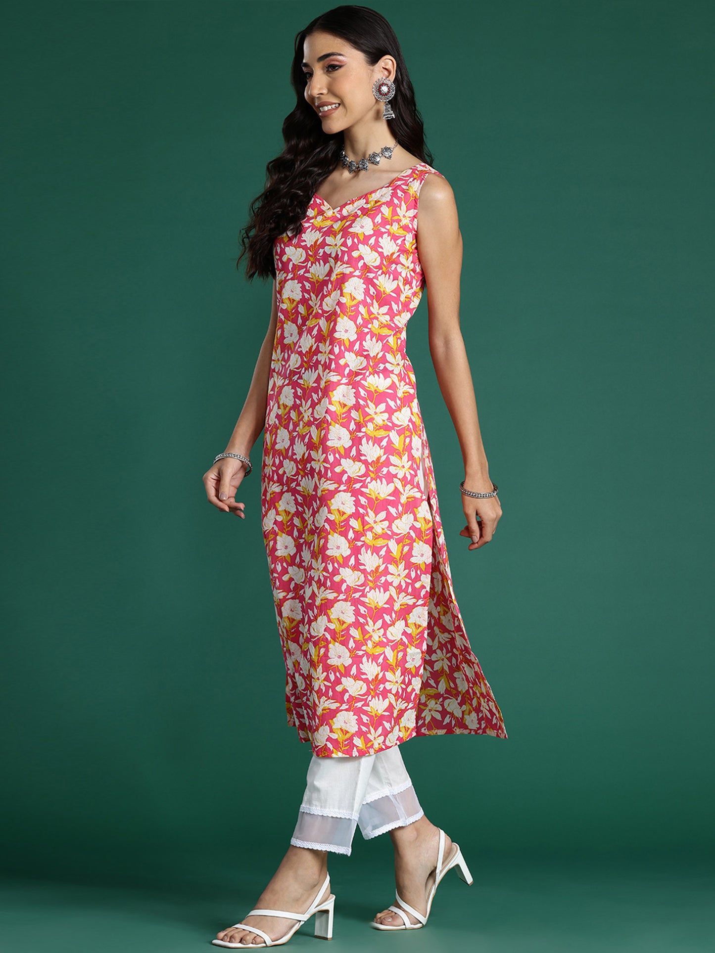 IE Pink Printed Straight Kurtas