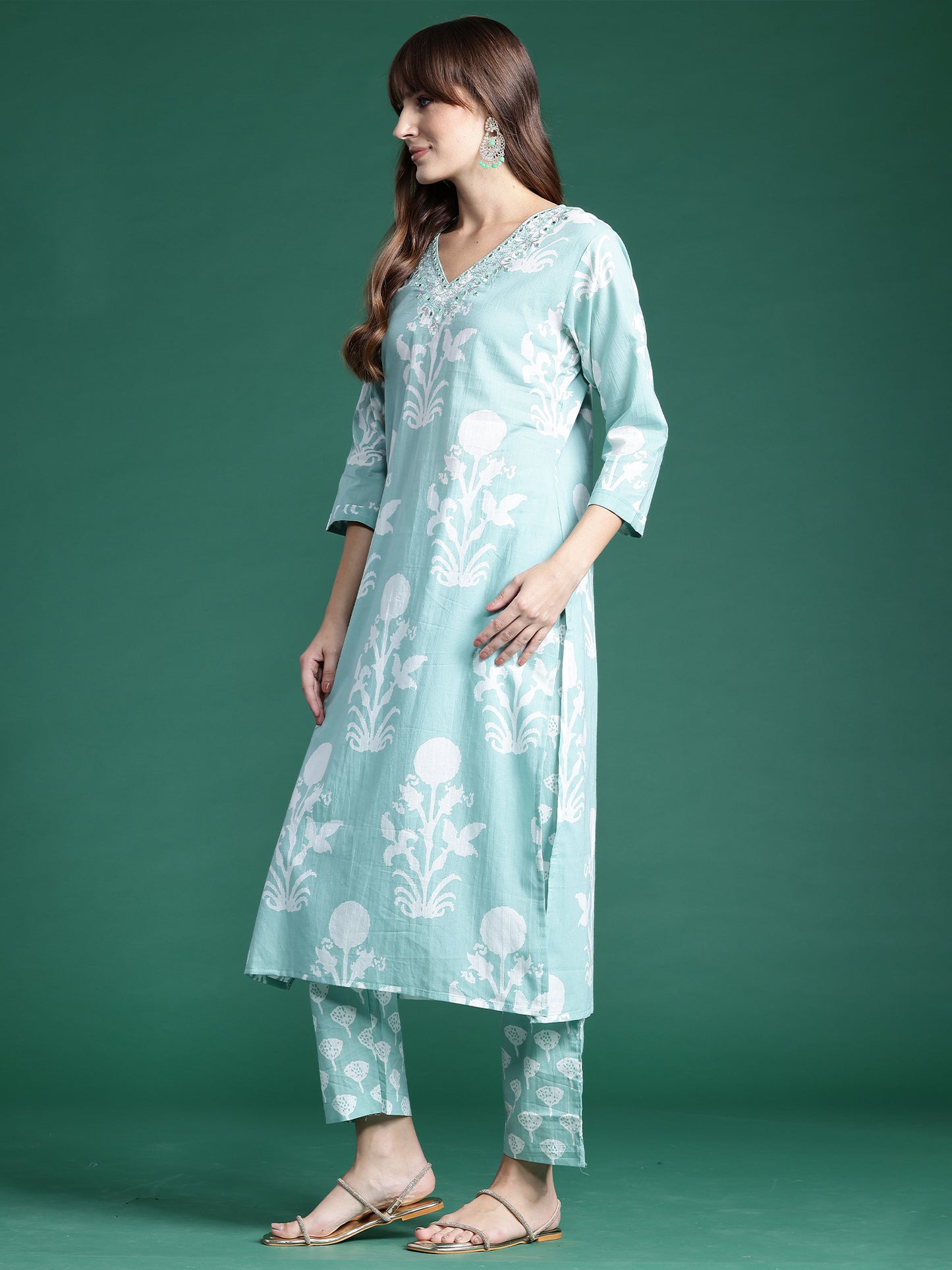 IE Green Printed Straight Kurta Trousers With Dupatta set