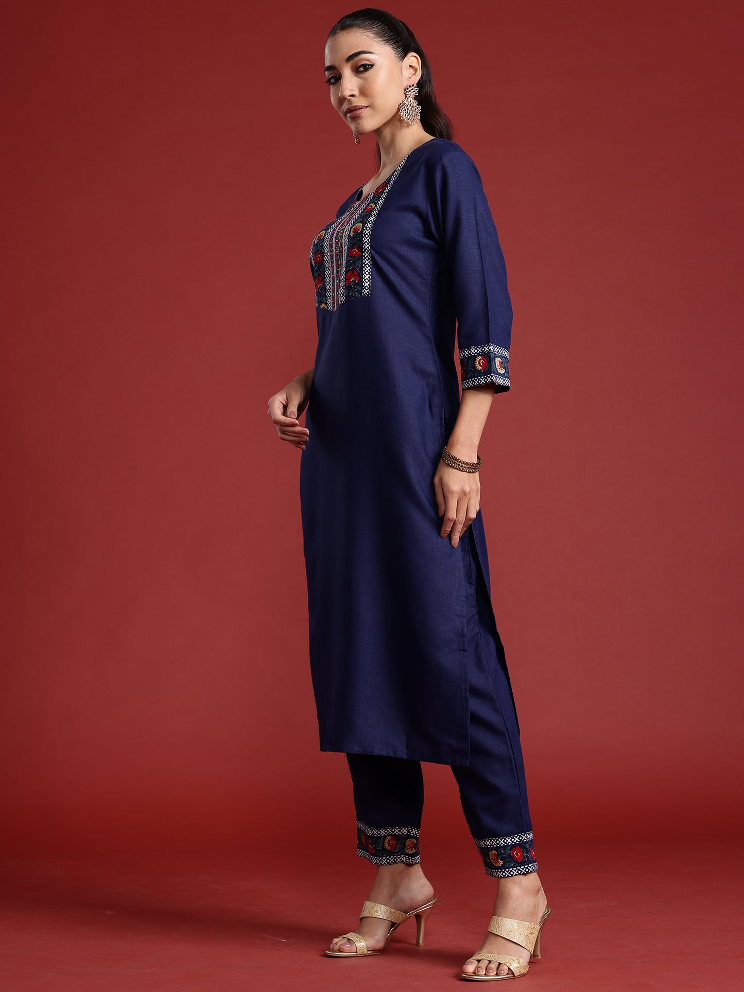 IE Navy Blue Yoke Design Straight Kurta Trousers With Dupatta Set