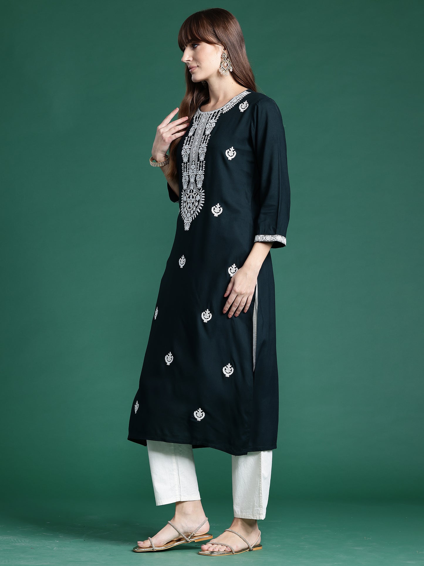 IE Green Embroidered Straight Kurtas