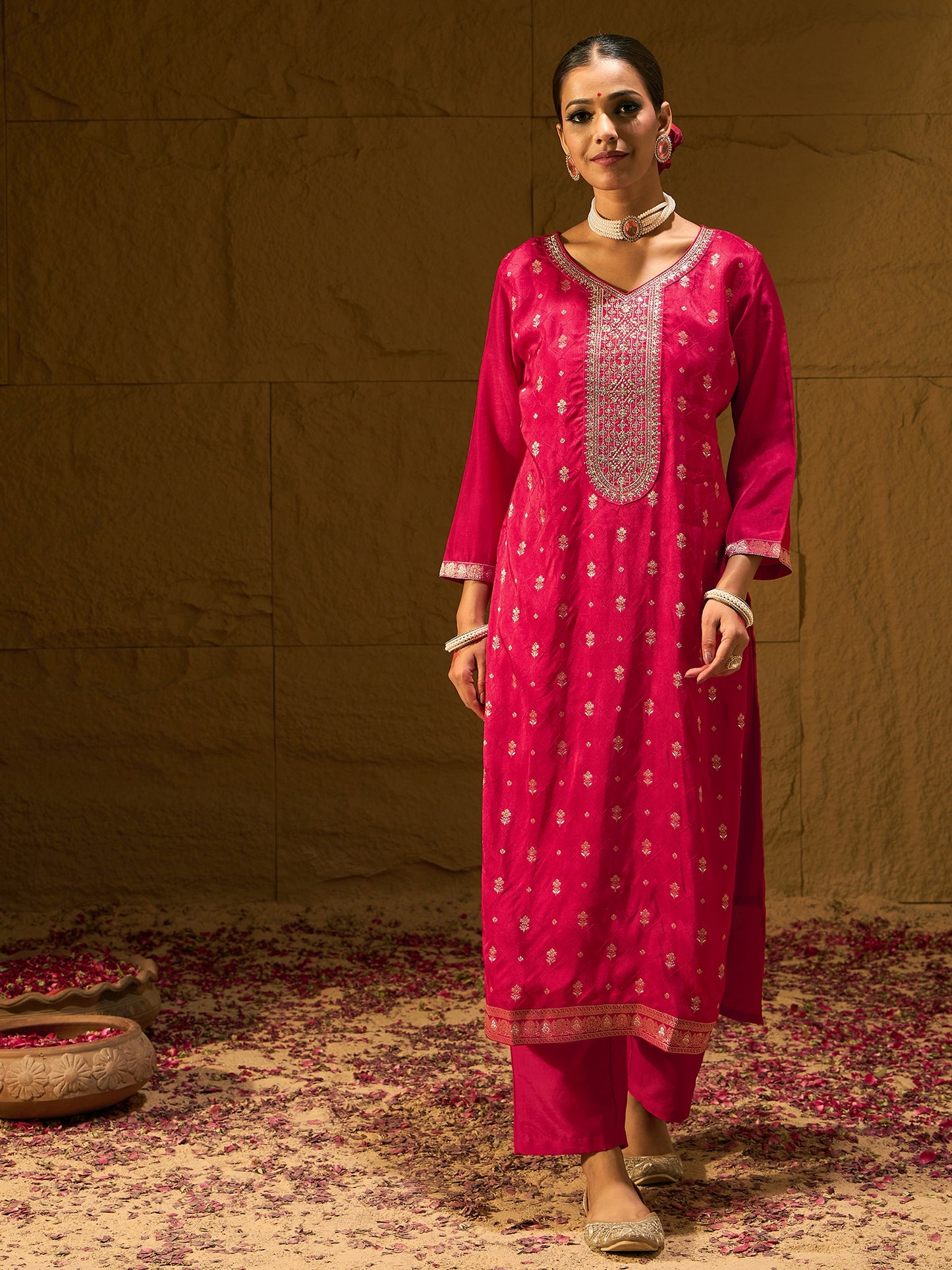 IE Magenta Embroidered Straight Kurta Trousers With Dupatta set