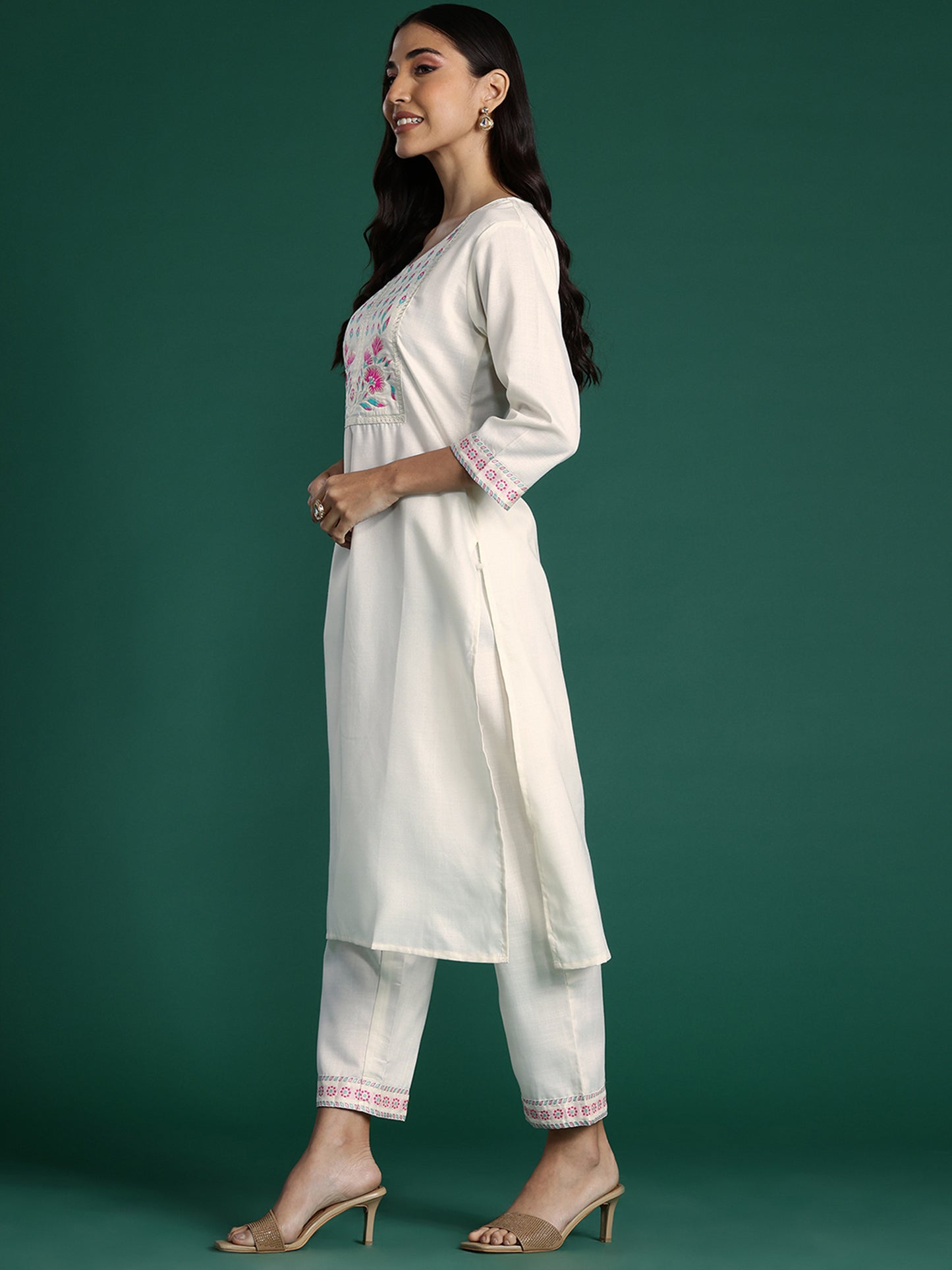 IE White Yoke Design Straight Kurta Trousers With Dupatta set