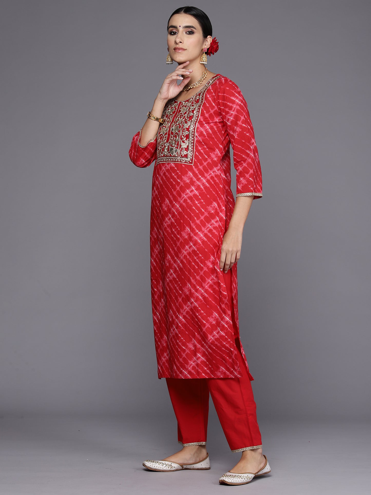 IE Red Embroidered Straight Kurta Palazzos With Dupatta Set