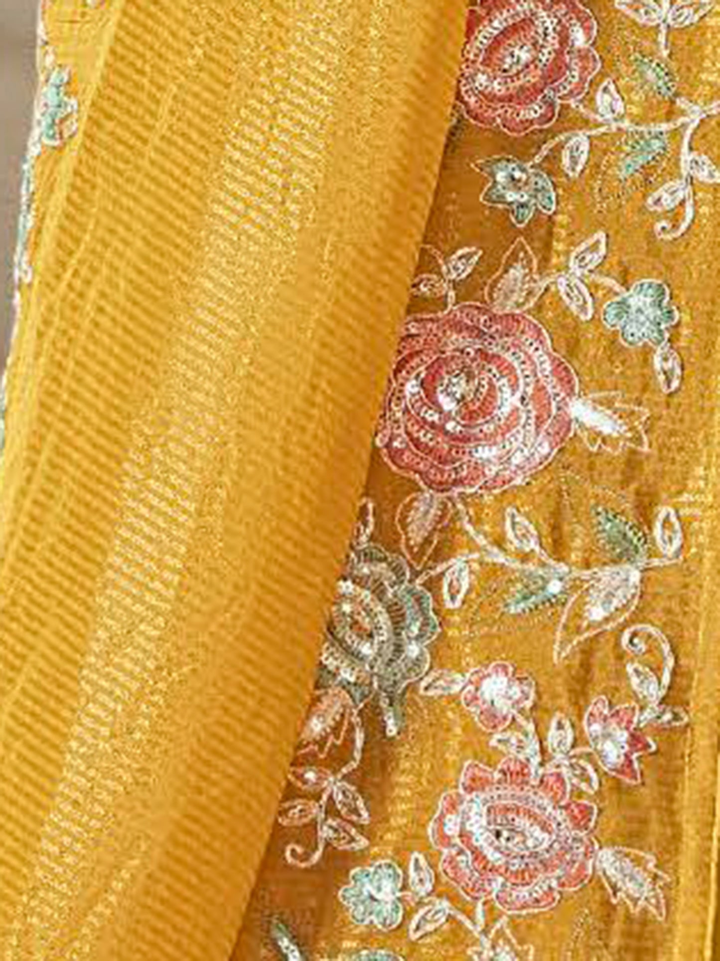 IE Mustard Embroidered Straight Kurta Trousers With Dupatta set