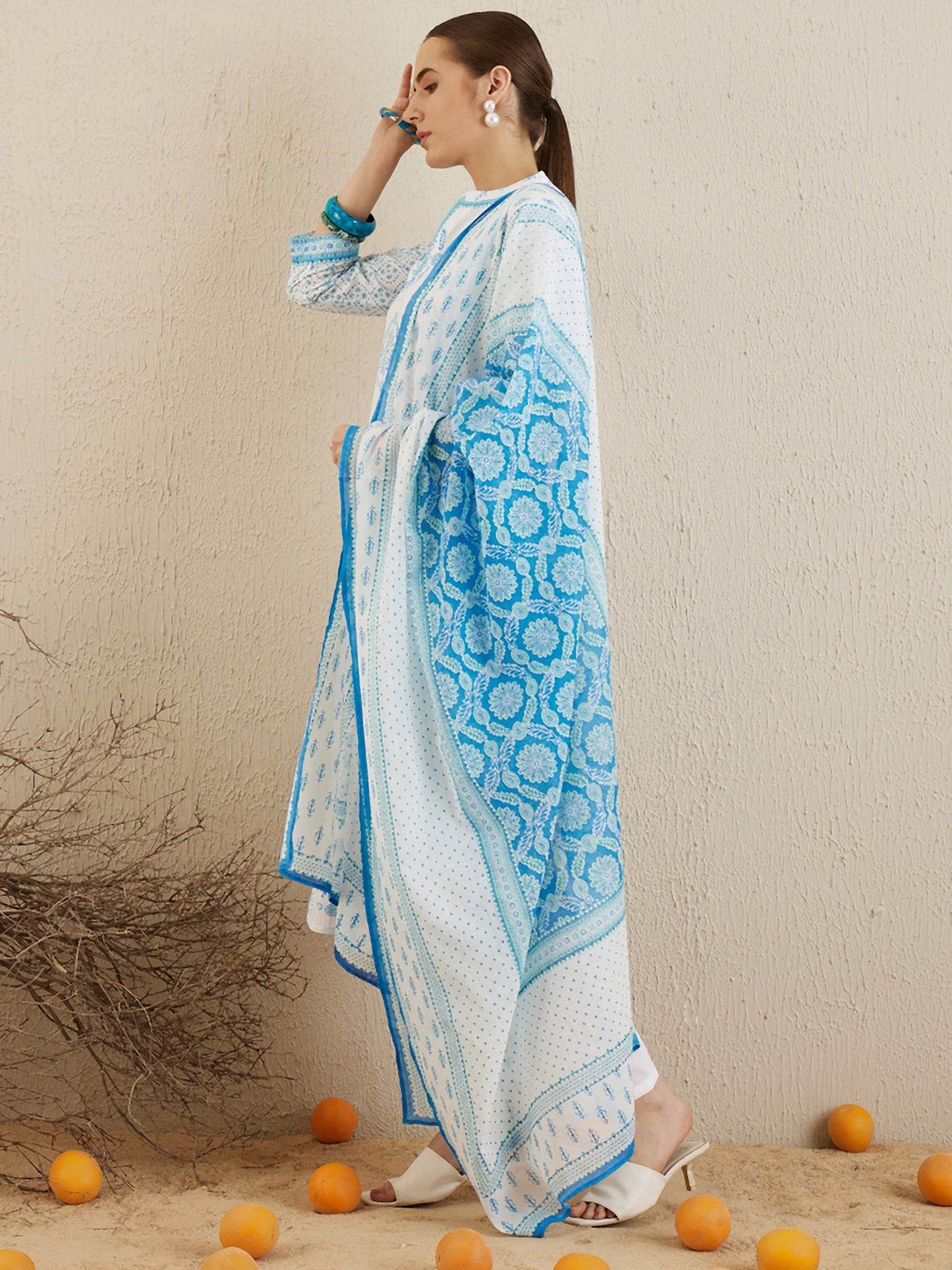 IE Off White Printed Straight Kurta Trousers With Dupatta set