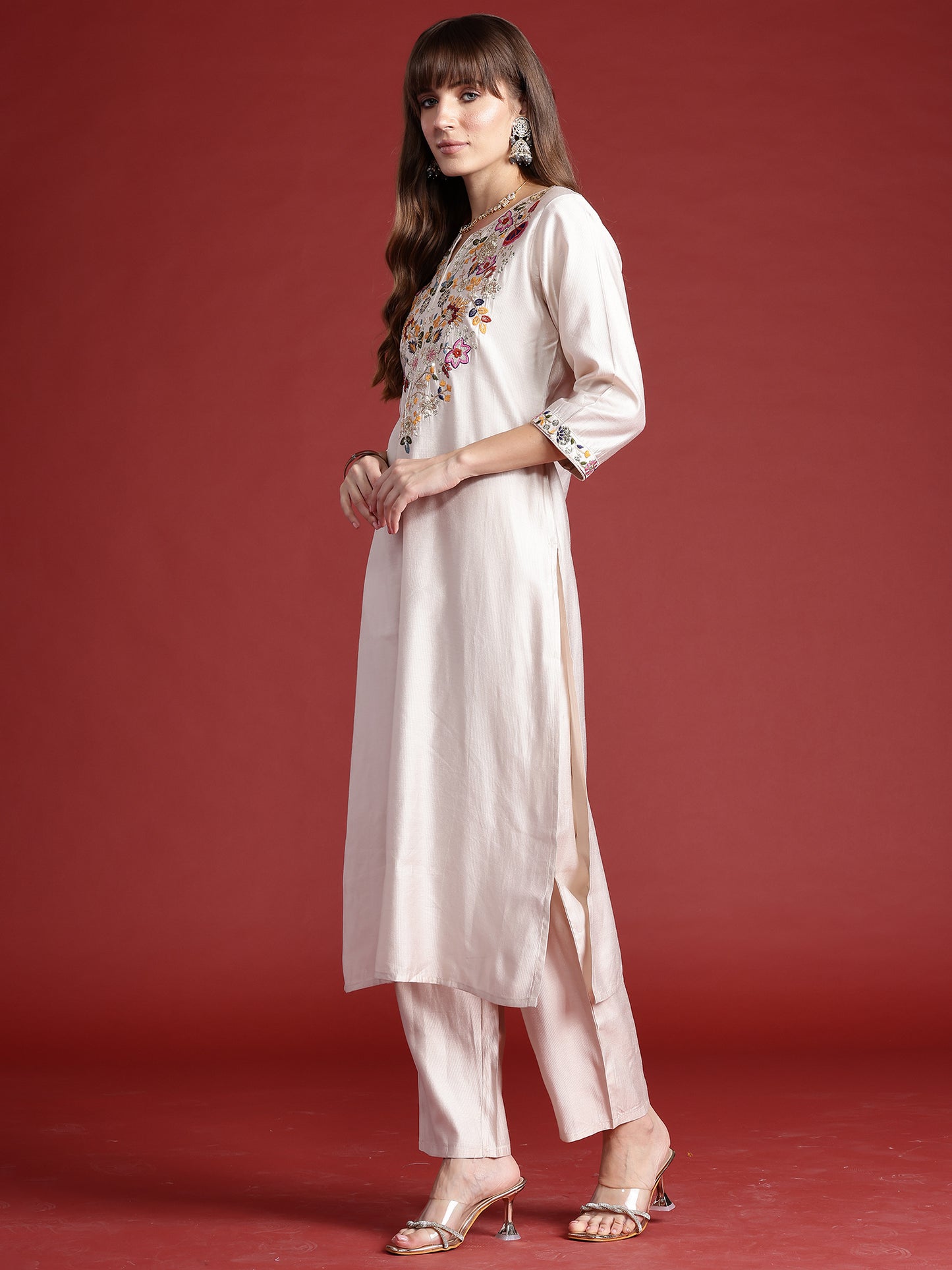 IE Off White Embroidered Straight Kurta Trousers With Dupatta  Set