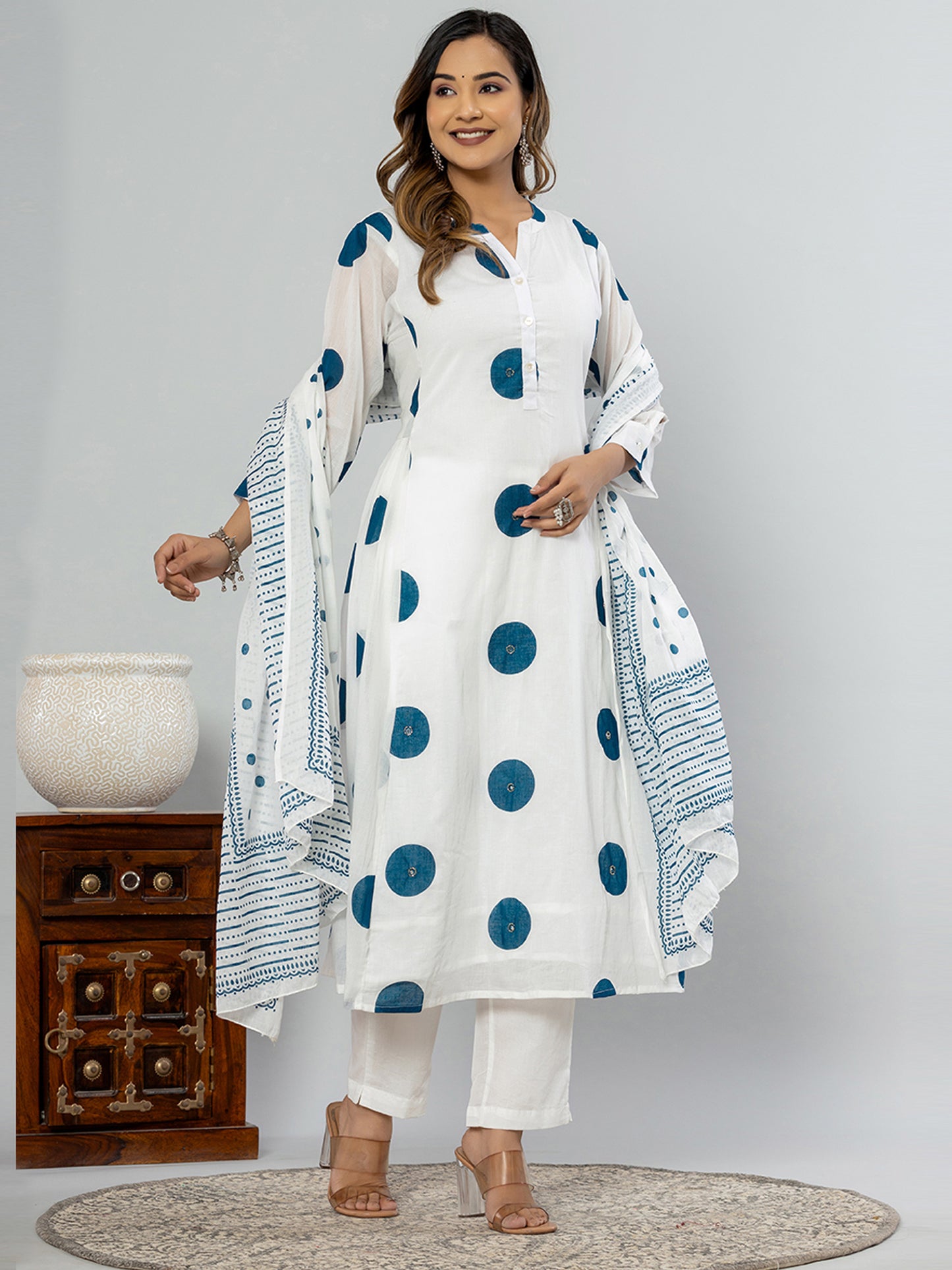 IE Off White Printed A-Line Kurta Trousers With Dupatta set