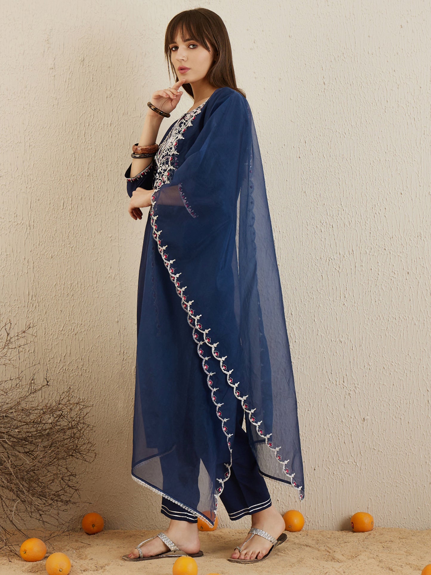 IE Navy Blue Embroidered Straight Kurta Trousers With Dupatta set