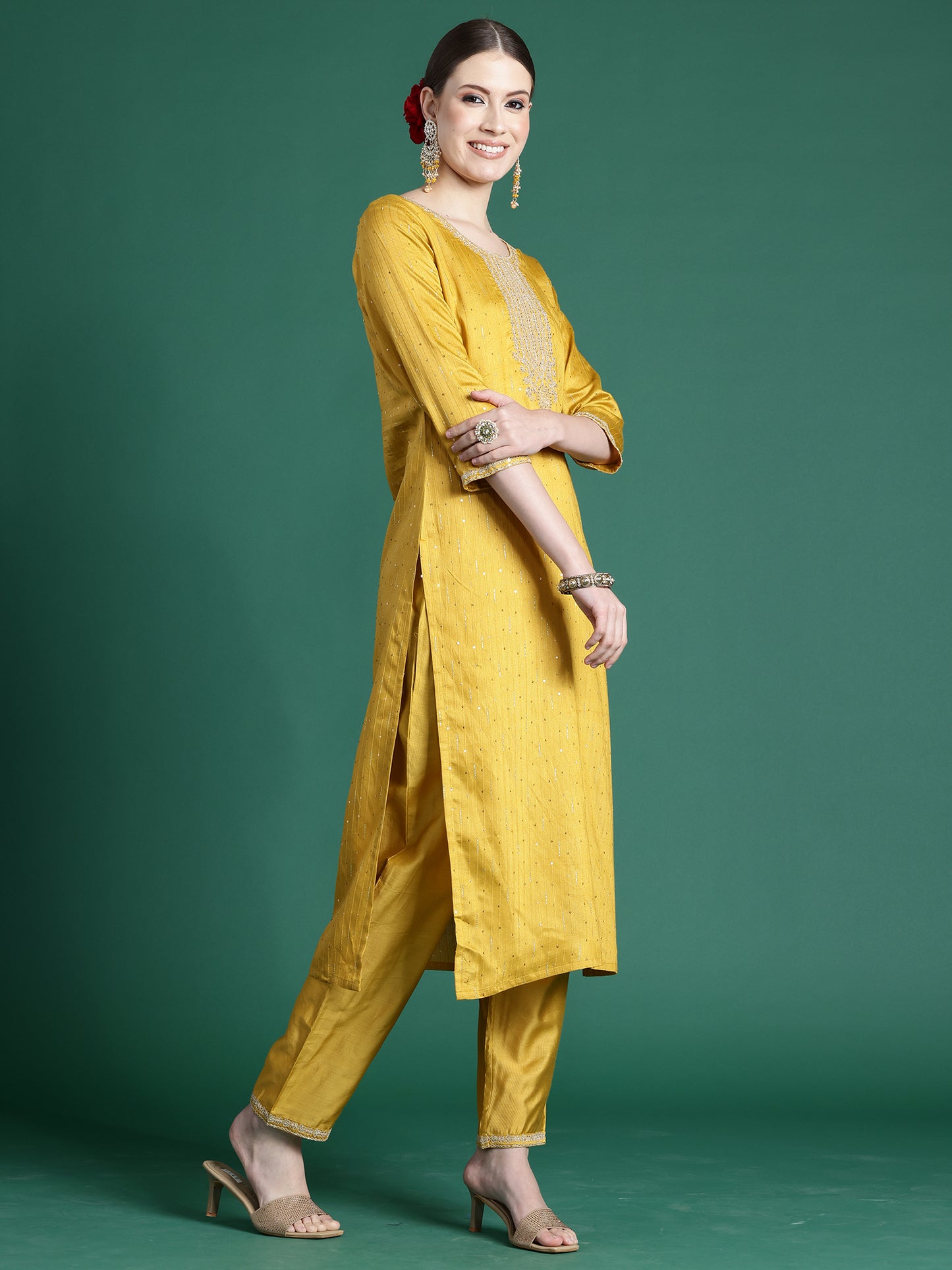 IE Yellow Embroidered Straight Kurta Trousers With Dupatta set