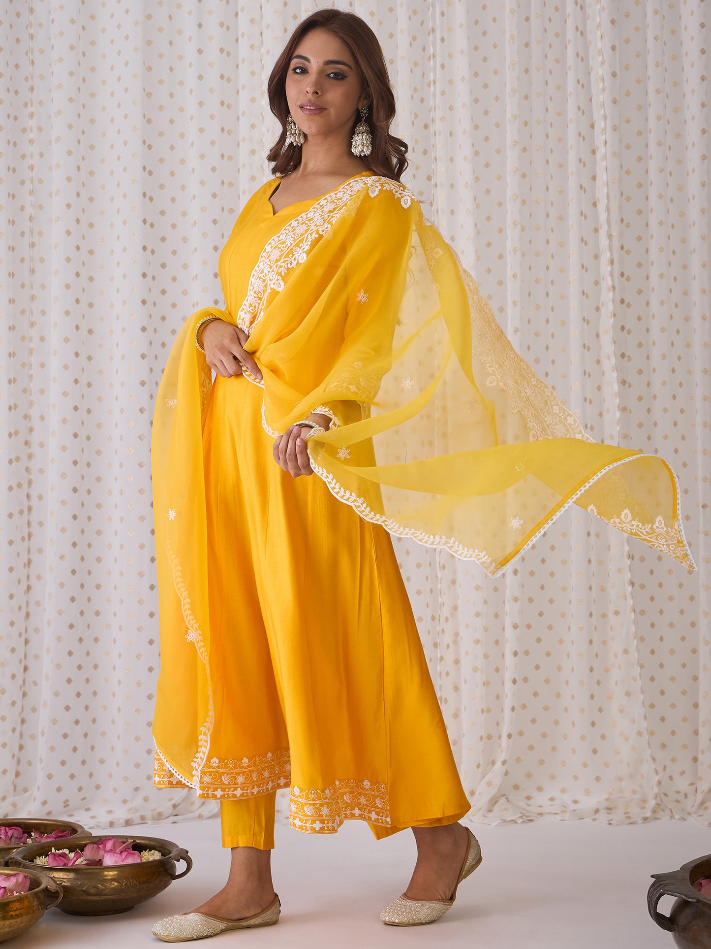 IE Yellow Embroidered Anarkali Kurta Trousers With Dupatta Set