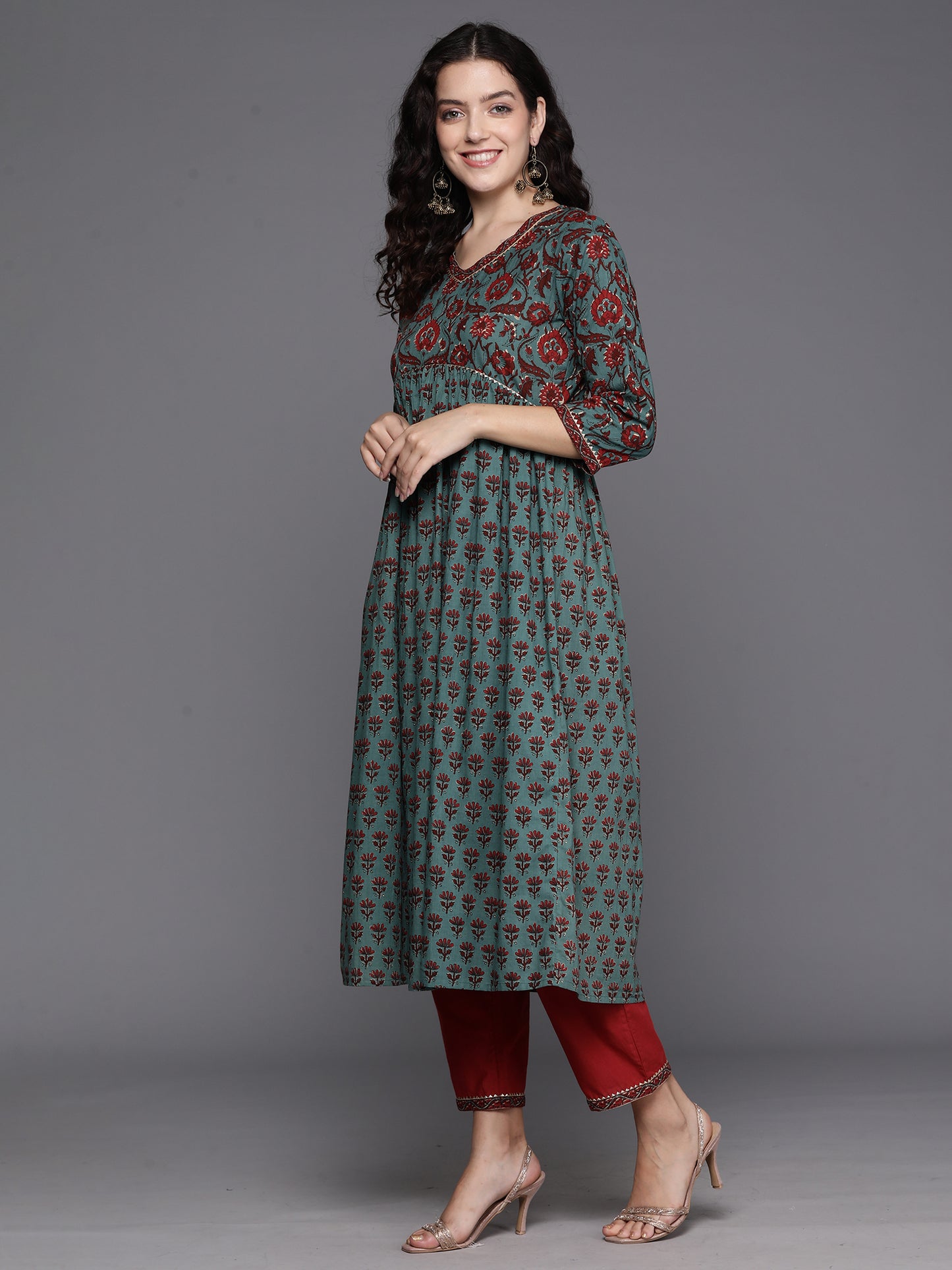 IE Teal Printed A-Line Kurta Trousers With Dupatta Set