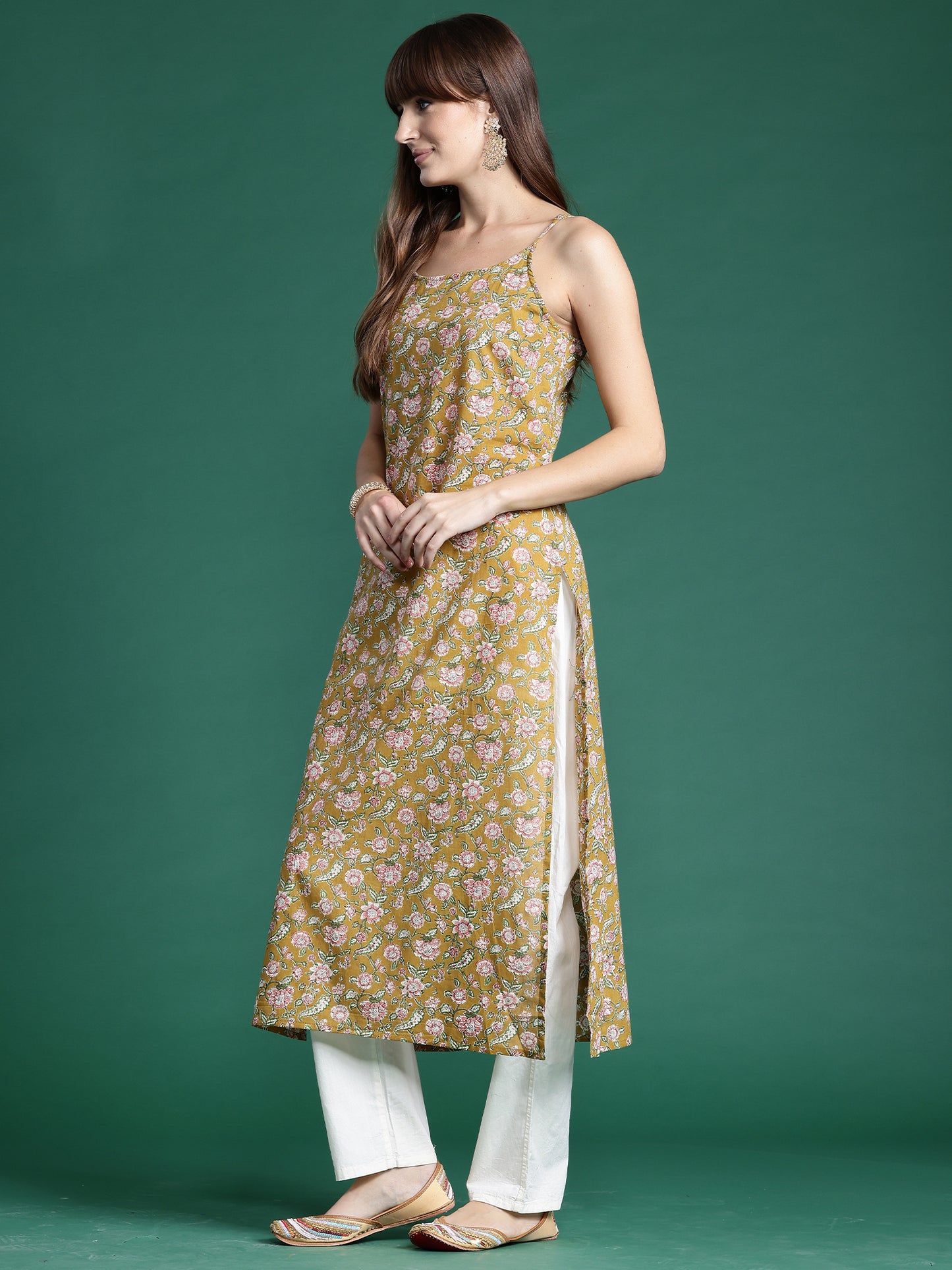 IE Mustard Printed Straight Kurtas