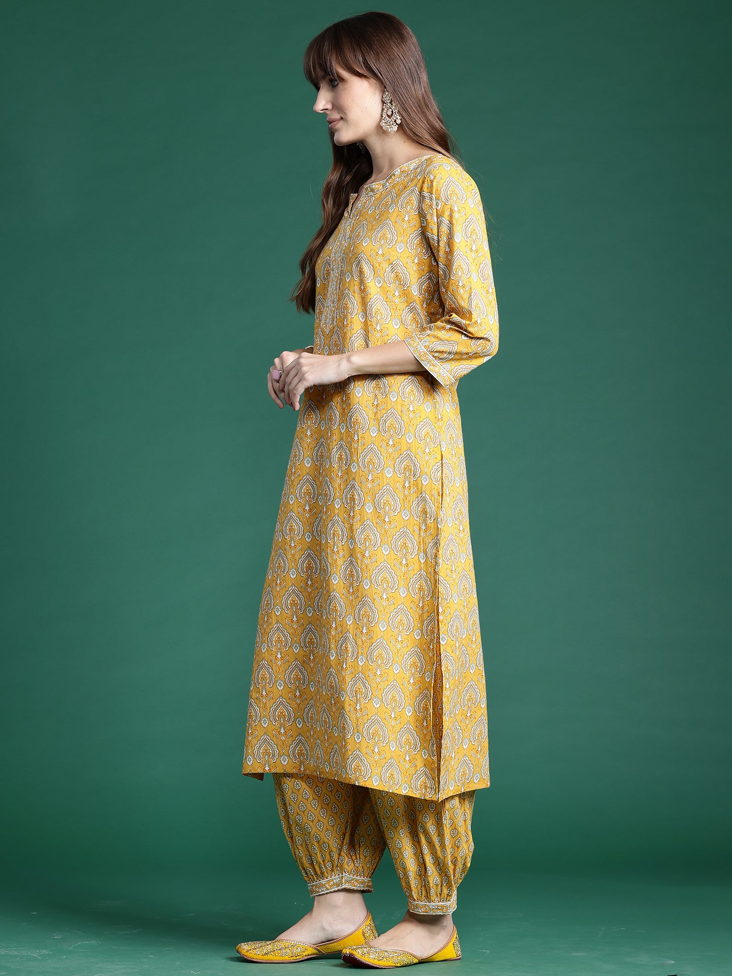 IE Yellow Printed Straight Kurta Salwar With Dupatta set