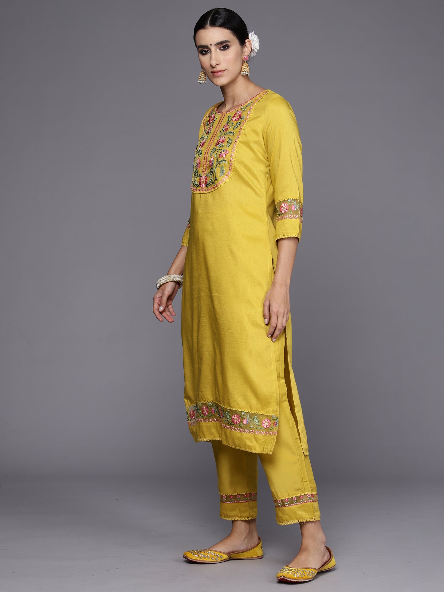 IE Yellow Embroidered Straight Kurta Trousers With Dupatta Set