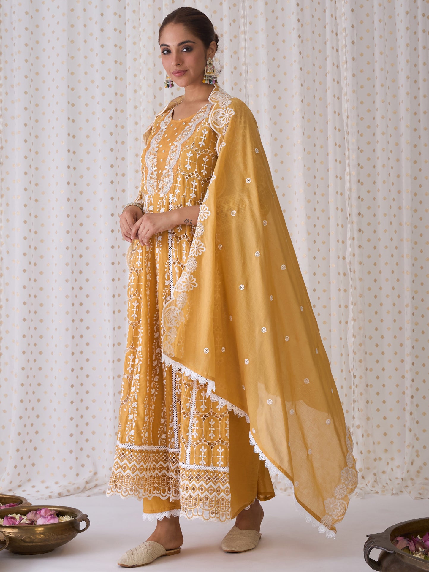 IE Yellow Embroidered A-Line Kurta Trousers With Dupatta set