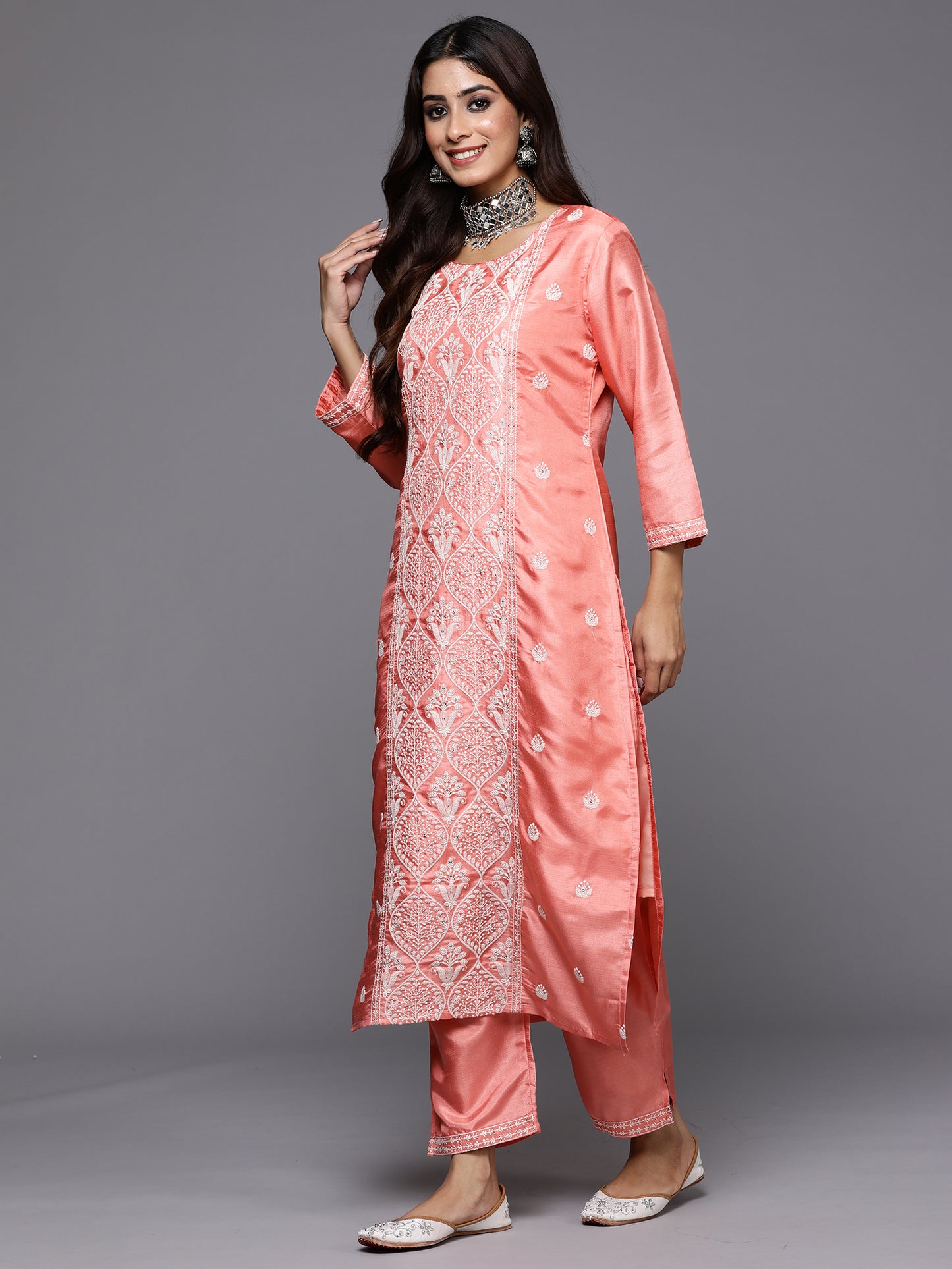 IE Peach Embroidered Straight Kurta Trousers With Dupatta Set