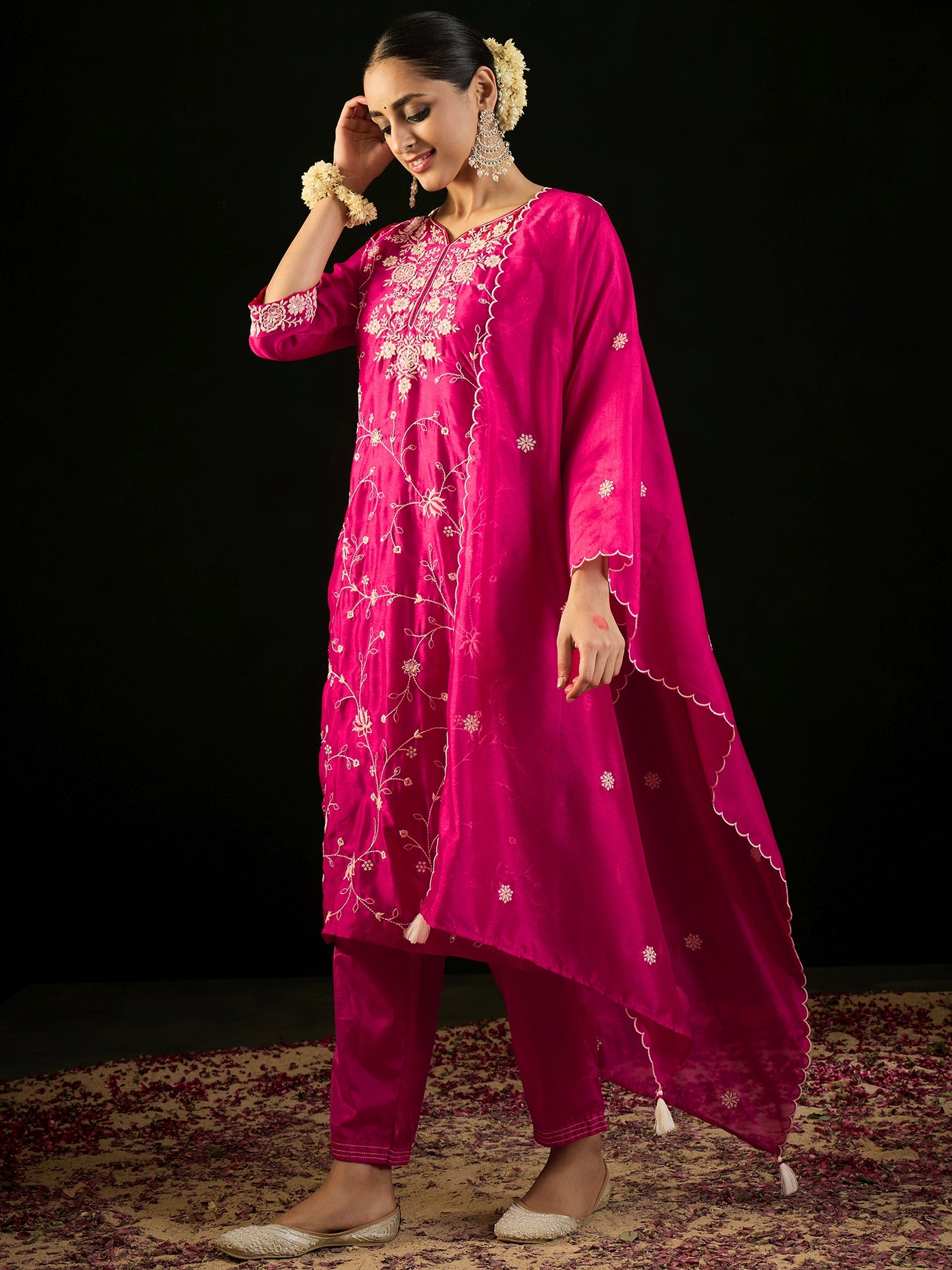 IE Pink Embroidered Straight Kurta Trousers With Dupatta set