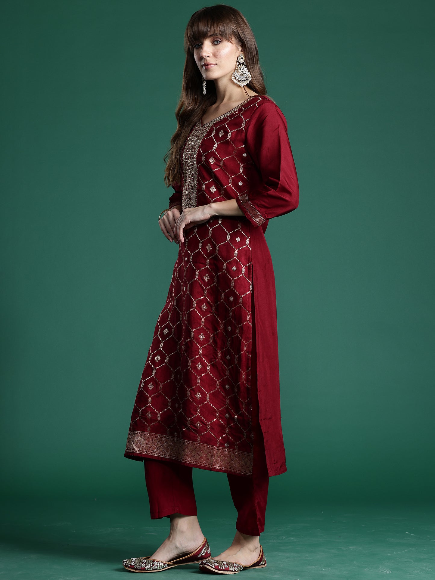 IE Maroon Embroidered Straight Kurta Trousers With Dupatta set